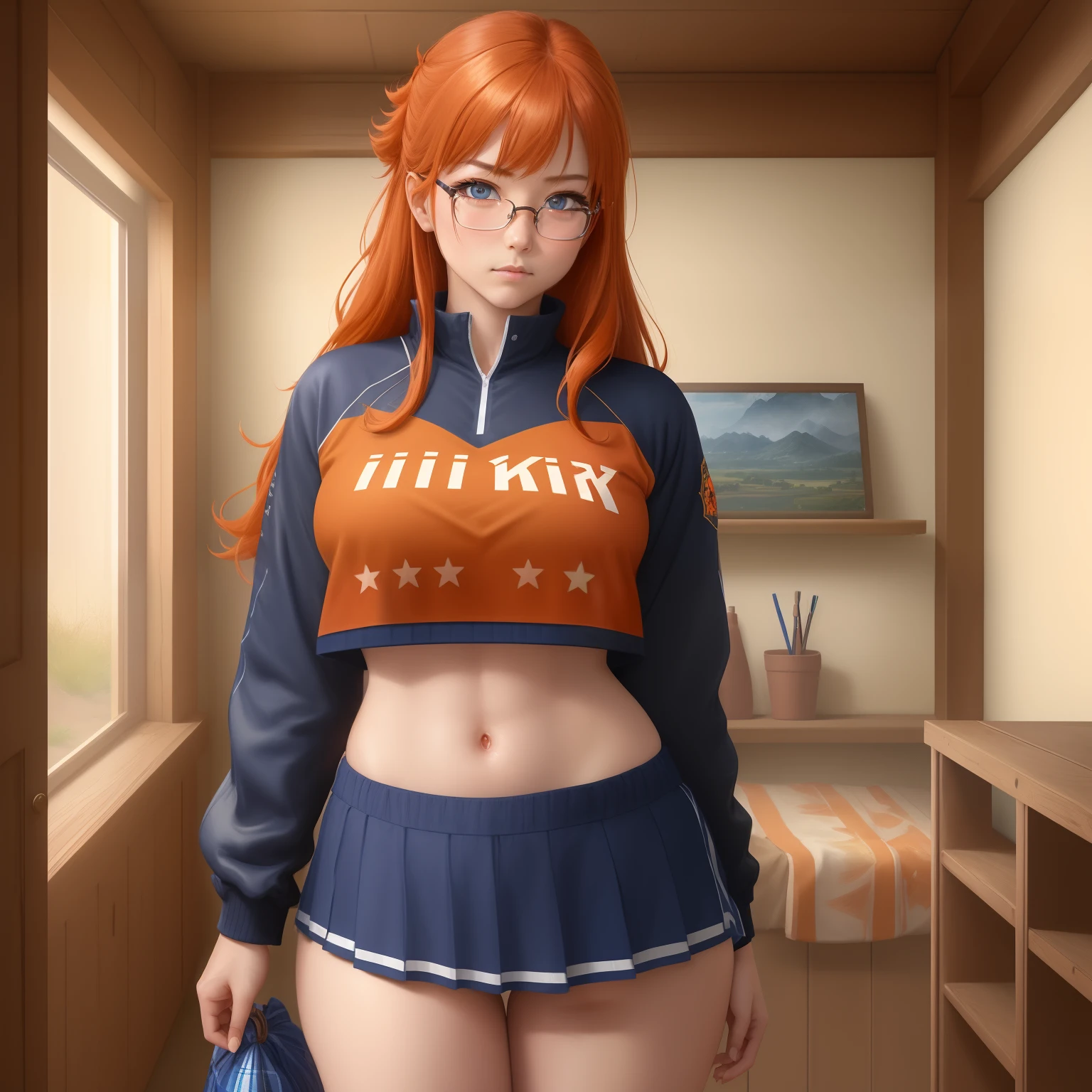 8k, masterpiece, best quality, realistic, higly detailed, cowboy shot, 1girl, solo, itsuki, serious looking girl, medium-length hair, expressive ahoge, reddish-orange hair, a pair of star-shaped hairpins near both of her eyes, dark blue eyes, average height, well-endowed figure, glasses, cute, cheerleader