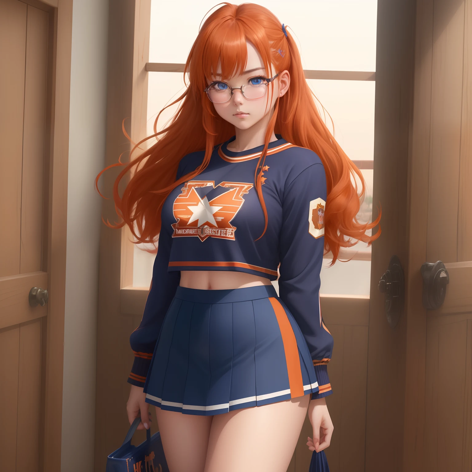 8k, masterpiece, best quality, realistic, higly detailed, cowboy shot, 1girl, solo, itsuki, serious looking girl, medium-length hair, expressive ahoge, reddish-orange hair, a pair of star-shaped hairpins near both of her eyes, dark blue eyes, average height, well-endowed figure, glasses, cute, cheerleader