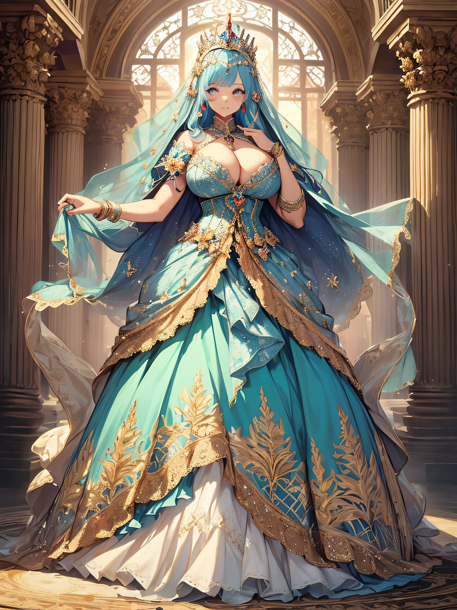 ((anime artstyle)),(Masterpiece),(Best Quality), (Super Detail),((Very Delicate and Beautiful)),cinematic lighting,1 lady,((full body portrait)),((standing in garden)),((solo)),(((1 princess in beautiful embroidery and jeweled extremely gorgeous princess rococo ballgown with voluminous full length hoop skirt))),((crinoline)),long train,((beautiful embroidery and jeweled)),voluminous frills,See-through,(gorgeous embroidery and beautiful lace),(((extremely gigantic tits,skindentation))),cleavage,((large amount of straight hair,extremely voluminous Hair,Very Long Straight Hair)),(finely detailed face and eyes),clear pupil,extremely gorgeousfull hair ornament,(bling-bling jeweled extremely gorgeousfull tiara),(bling-bling gorgeous gemstone jewelry),long veil,(beautiful background),(full body),((beautiful embroidery and jeweled extremely gorgeous princess rococo ballgown with voluminous full length hoop skirt))