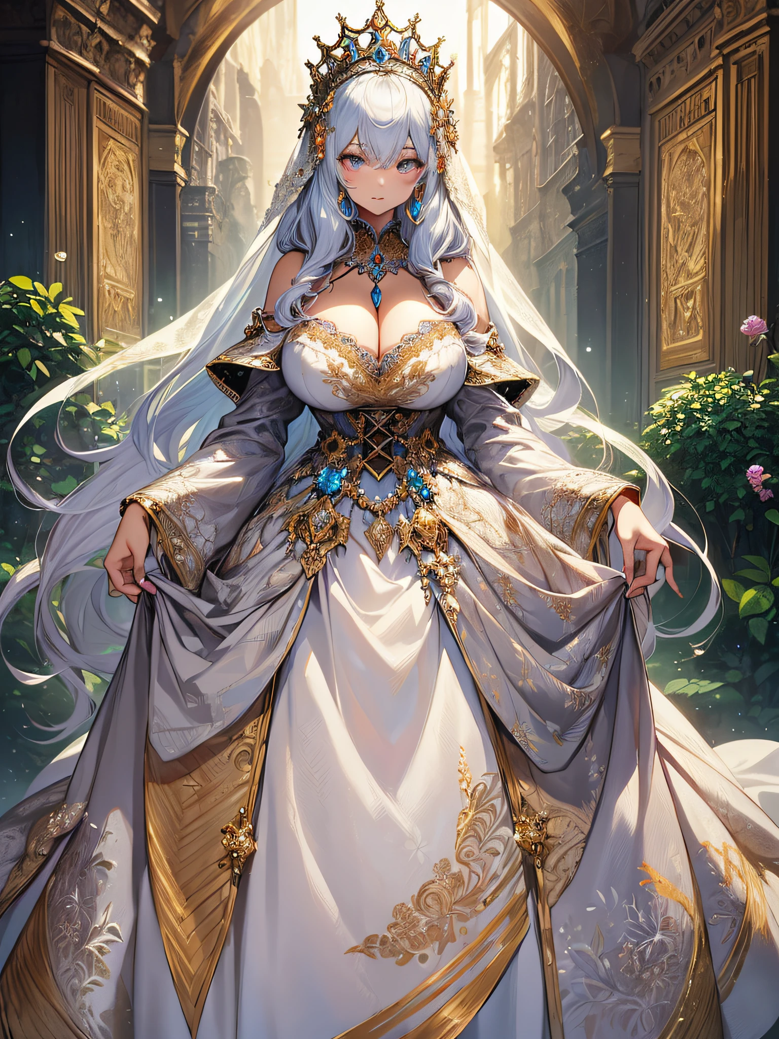 ((anime artstyle)),(Masterpiece),(Best Quality), (Super Detail),((Very Delicate and Beautiful)),cinematic lighting,1 lady,((full body portrait)),((standing in garden)),((solo)),(((1 princess in beautiful embroidery and jeweled extremely gorgeous princess rococo ballgown with voluminous full length hoop skirt))),((crinoline)),long train,((beautiful embroidery and jeweled)),voluminous frills,See-through,(gorgeous embroidery and beautiful lace),(((extremely gigantic tits,skindentation))),cleavage,((large amount of straight hair,extremely voluminous Hair,Very Long Straight Hair)),(finely detailed face and eyes),clear pupil,extremely gorgeousfull hair ornament,(bling-bling jeweled extremely gorgeousfull tiara),(bling-bling gorgeous gemstone jewelry),long veil,(beautiful background),(full body),((beautiful embroidery and jeweled extremely gorgeous princess rococo ballgown with voluminous full length hoop skirt))