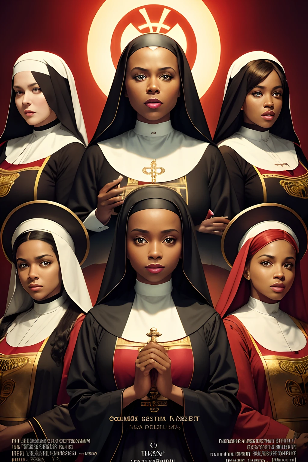 Dynamic shot, ((3 females)), A picture of 2 beautiful succubus dominating 1 sexy nun on a leash, ((2 demon females and a nun)), female domination, nun, demons, beautiful succubuses, horror, dark, sexy, rough domination, domination, nun on a leash, bdsm, golden chains,(golden leash), collar, beautiful bodies, slim, horror style, highly detailed faces, stockings, (silk lingerie, stockings), leather tight boots, sharp camera angle , closeup, blue background