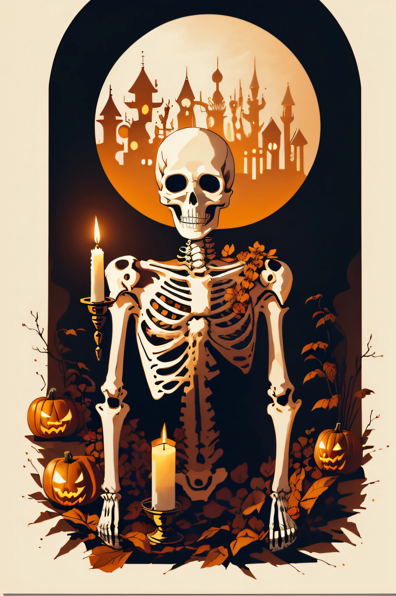 Halloween skeleton vintage illustration style, warm mood, candle atmosphere. Graphic for t-shirt design, vector, outline, white background, watercolor.