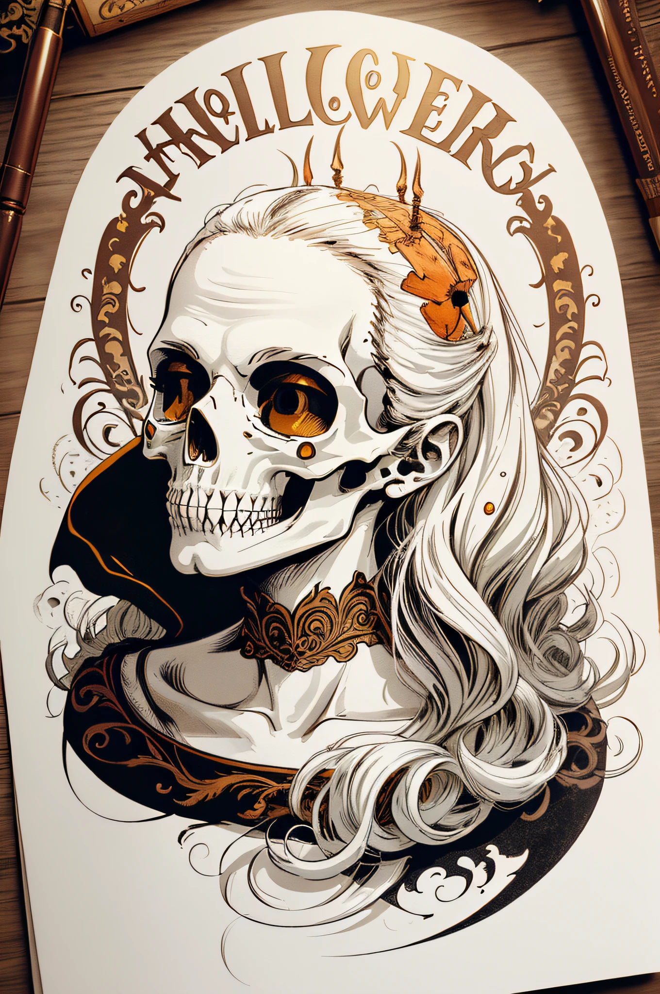 Familiar witch, Halloween skull, vintage illustration style, warm mood, candle atmosphere. Graphic for t-shirt design, vector, outline, white background, watercolor.