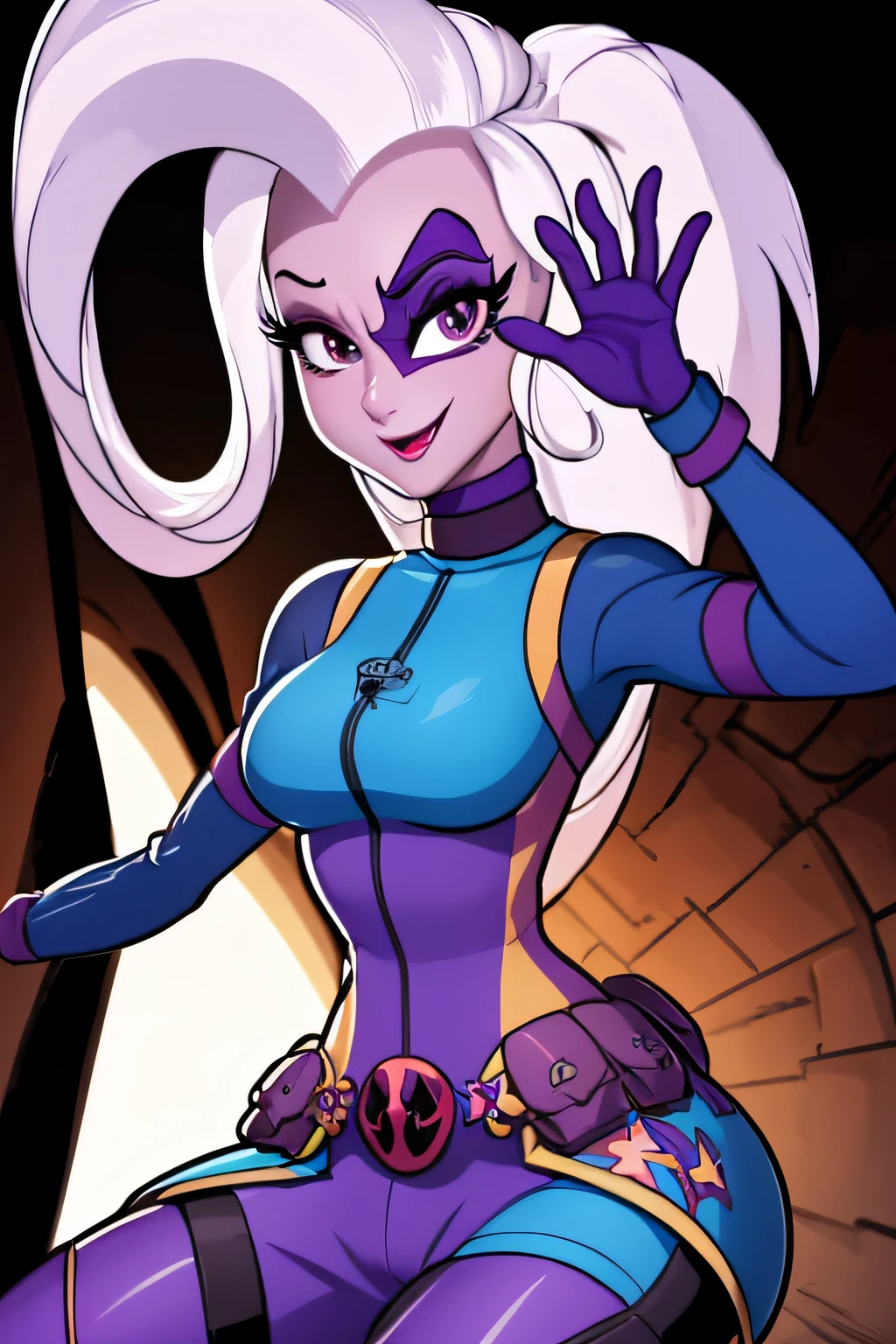 high quality, exquisite, beautiful, vibrant depiction of Trixie Lulamoon from Equestria Girls transforming into Deadpool due to the influence of Twilight Sparkle and Sunset Shimmer. The image showcases the intense and dangerous transformation of Trixie into a formidable anti-hero. Trixie, now as Deadpool, exhibits a fierce and determined expression, ready to seek revenge on Twilight Sparkle and Sunset Shimmer. The composition of the image captures the tension and conflict between the characters, with Trixie/Deadpool shown in a dynamic pose, exuding power and strength. The color palette is bold and striking, with vibrant reds and blacks, reflecting the intense nature of the situation. The image also includes subtle details that hint at Trixie's original identity and her connection to the Equestria Girls universe. Overall, the image conveys the dangerous threat that Trixie/Deadpool poses to Twilight Sparkle and Sunset Shimmer, setting the stage for an epic confrontation.