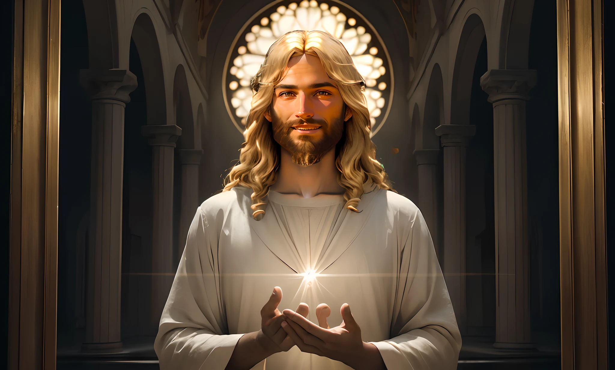 Jesus' hair is blond and glows with sunlight, The image is sharp and perfect, There are no accessories on the face of Jesus