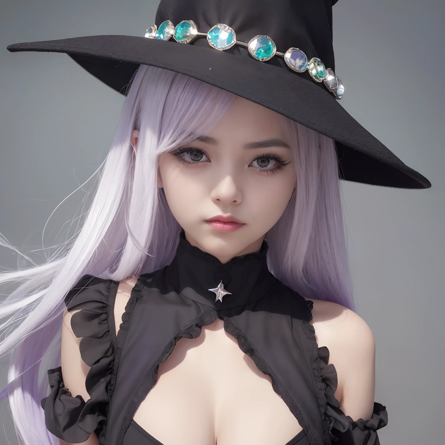 (UHD, retina, masterpiece, accurate, anatomically correct, textured skin, super detail, high details, high quality, best quality, high res, 1080P, HD, 4K, 8k, 16k), (beautiful detailed eyes, beautiful detailed lips, extremely detailed eyes and face), soft lighting, physically-based rendering, vivid colors, (((large breasts:1.6))), (witch hat, black robe, pendants), (portrait, shiny hair, shiny skin, blush), (winter snow scene, bokeh), eye reflection, (smirk:1.5), (purple hair:1.2),