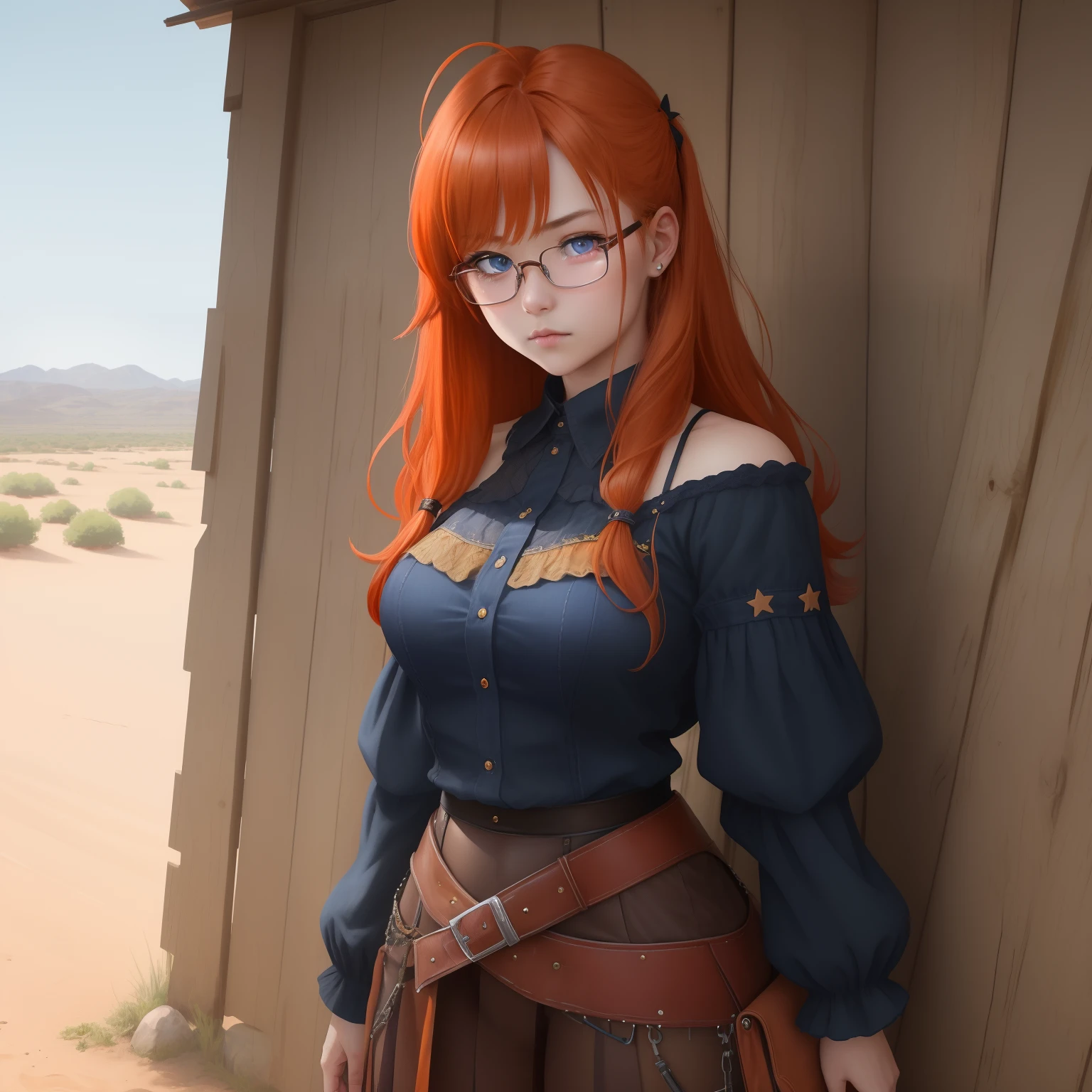 8k, masterpiece, best quality, realistic, higly detailed, cowboy shot, 1girl, solo, itsuki, serious looking girl, medium-length hair, expressive ahoge, reddish-orange hair, a pair of star-shaped hairpins near both of her eyes, dark blue eyes, average height, well-endowed figure, glasses, cute, goth