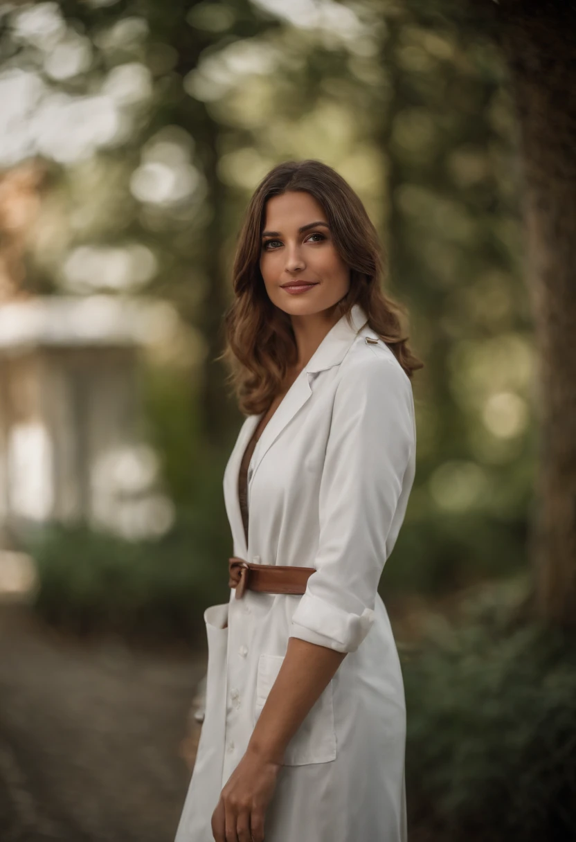 A beautiful 30-year-old girl wearing a white doctor's coat, with brown bob hair and a beautiful face stands in front of a blurred background. The high-resolution image captures every detail of your costume, and cinematic lighting adds depth and drama to the scene.