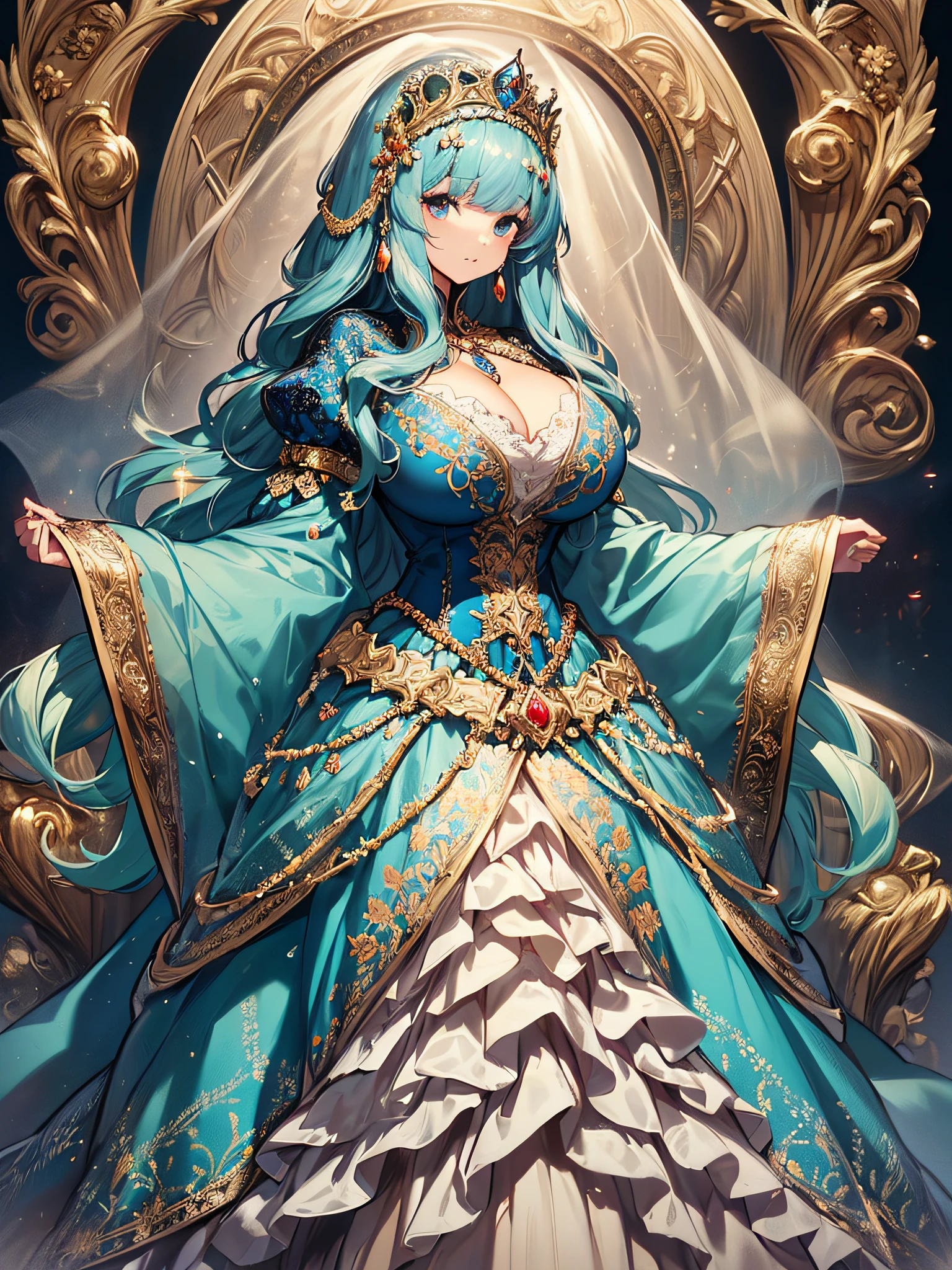 ((anime artstyle)),(Masterpiece),(Best Quality), (Super Detail),((Very Delicate and Beautiful)),cinematic lighting,1 lady,((full body portrait)),((standing in garden)),((solo)),(((1 princess in beautiful embroidery and jeweled extremely gorgeous princess rococo ballgown with voluminous full length hoop skirt))),((crinoline)),long train,((beautiful embroidery and jeweled)),voluminous frills,See-through,(gorgeous embroidery and beautiful lace),(((extremely gigantic tits,skindentation))),cleavage,((large amount of straight hair,extremely voluminous Hair,Very Long Straight Hair)),(finely detailed face and eyes),clear pupil,extremely gorgeousfull hair ornament,(bling-bling jeweled extremely gorgeousfull tiara),(bling-bling gorgeous gemstone jewelry),long veil,(beautiful background),(full body),((beautiful embroidery and jeweled extremely gorgeous princess rococo ballgown with voluminous full length hoop skirt))