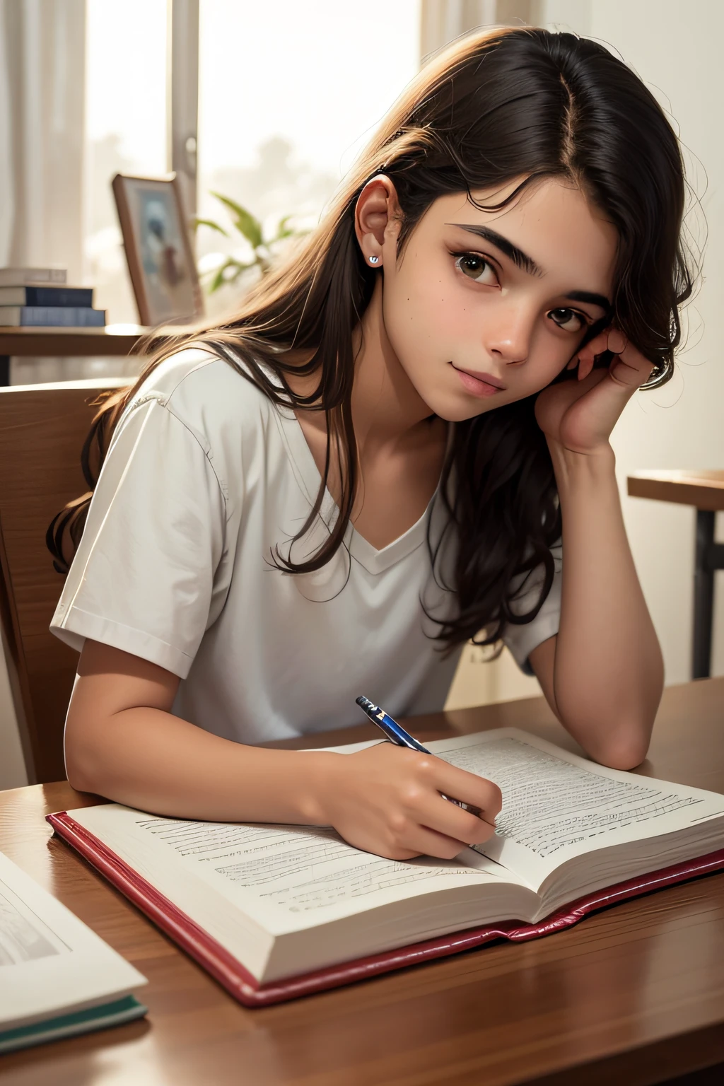 Um jovem, 16 anos, Slight smile on lips, confiante, producing an essay of the Enem. There are books and notebooks on the table where the young man studies.