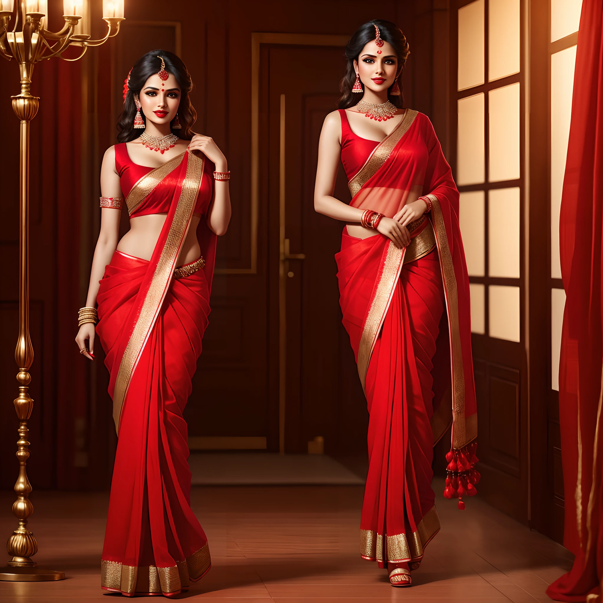A women wearing red colour saree,red lipstick, fancy mekaup, high heels, realistic photo,8k , cinematic