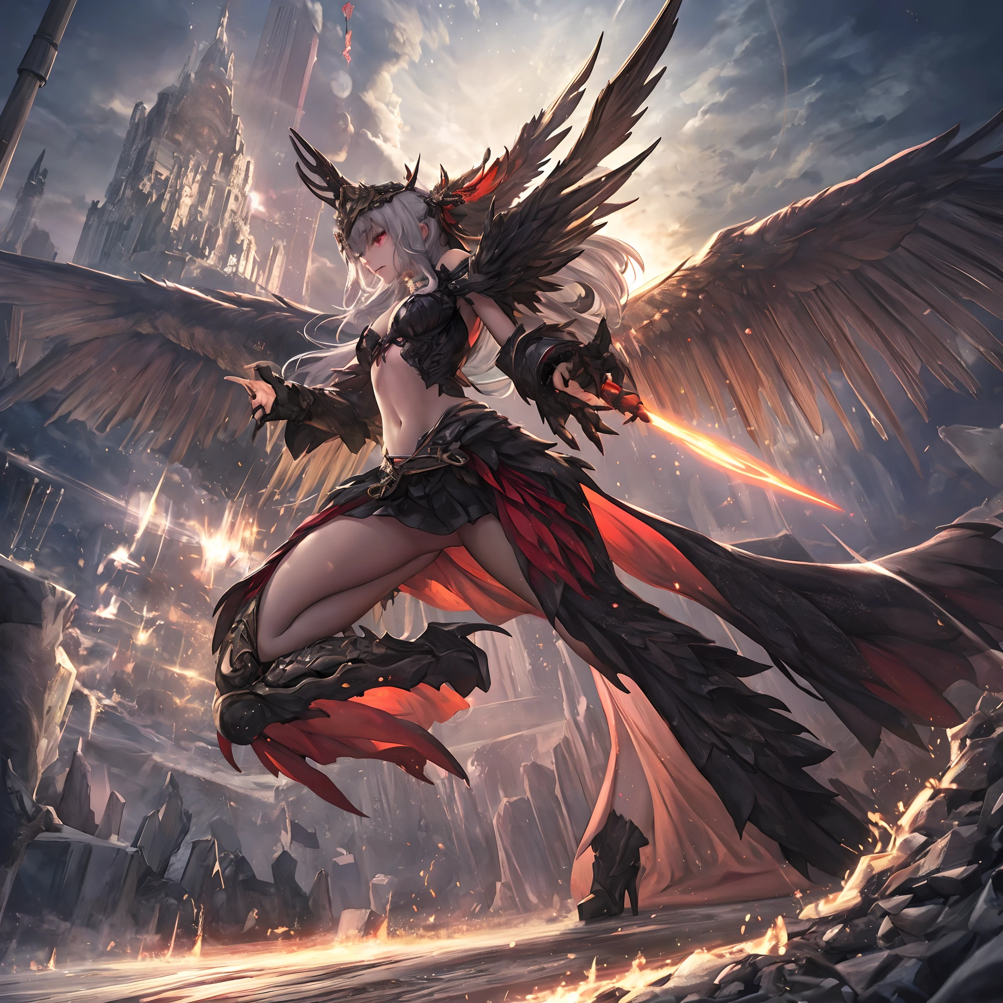 (masutepiece, Best Quality: 1.2), Girl with phoenix wings standing in a ring of fire, with glowing red eyes, phoenix, The lotus flowers, Red gold Pink, Sunrise girl from mountain on background, spreading her wings, wearing a coat of white feathers,,,,, Wings full of the back, Radiant Hello, long hair flowing, Mechanical wings dancing delicately at the waist, Medium Figure, Sunken navel, curtains of white feathers on the pelvis move slightly,,,,, Mini wings scattered on the body, multiple wings with a yellow sheen,,,, Soft yellow fire between the wings.((16 K,Ultra Definition、The highest masterpiece,Best Quality)), maxiskit, dress conservatively 1 girl, 独奏, Full body, wide shoot, Graceful standing, holding sword down, White hair, Long hair, valkyrie, armor, Angel, White bra, side bun, from the front side, extra size body, Night, mont, look at viewr（（Super best quality））， （（A very masterpiece））， （（super detailing：1.4））， （（hyper realistic lifelike 3d））， Dragon Warrior Girl， Mechanical body， Dynamic action poses in battle scenes， Mechanical weapons of very complex and heavy fighters， Off-the-shoulder fashion that blends dense and complex steampunk with dense gothic lolita， Complex steampunk headgear， very thin long legs， Mechanical boots above the knee， Fluttering lace flared mini skirt， beautiful small breasts directed upwards，Somewhat long, Vertical curly silver hair fluttering in the wind，Countless shining large spheres flying around，Many sparks cross and fly，Countless neon signs rained down from magic-evoking gestures，Steampunk Factory，Complex and precise mechanical ruins，Very dark night background，Very dramatic and cinematic lighting。best qualtiy，tmasterpiece，8K，s fractal art，one girls，Long grey hair，Long legs，blackstockings，Sex slaves，Kneeling Pose，