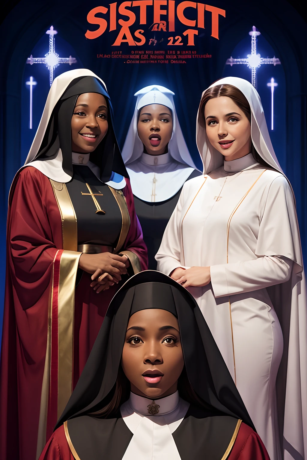 a poster for sister act 1 & 2 as a musical comedy for a local theater company
