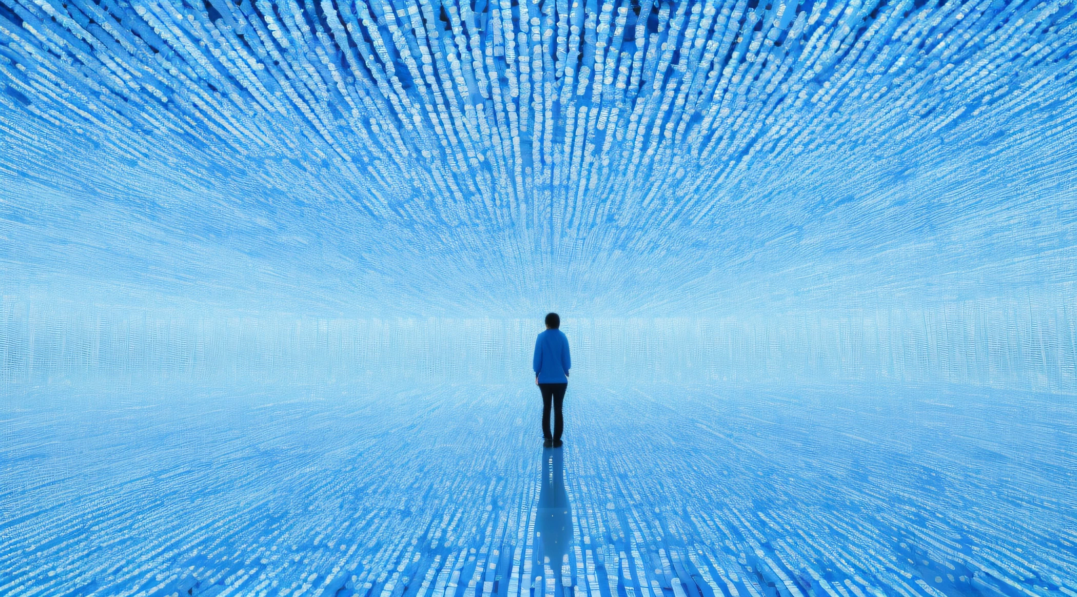 there is a man standing in a room with a blue sky, a crystalline room, teamlab, inspired by Ryoji Ikeda, infinity mirror, interactive art, refik anadol, surreal cyberspace, ryoji, by Ryoji Ikeda, cyber installation, infinite mirrors, abstract art representing data, heaven, in the field of inner hyperspace