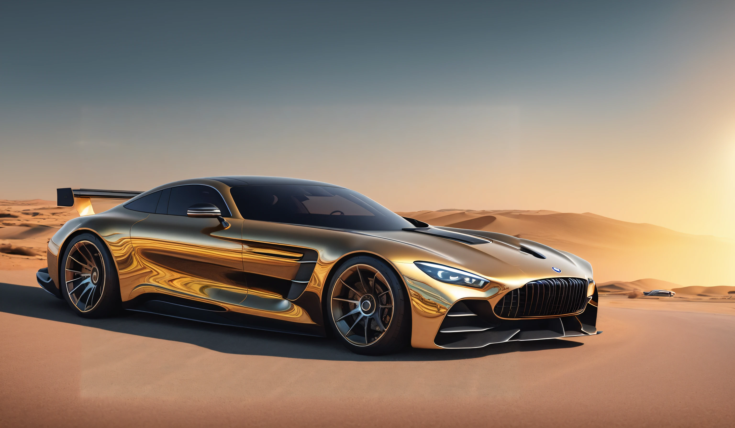 a close up of a gold colored sports car driving on a desert road, gold body, luxury hd render, hyper real render, brushed rose gold car paint, bmw and mercedes concept cars, cgi rendering, hyperdetailed crisp render, hyper realistic detailed render, elegant gold body, cgi render, hyper realistic render, artistic render, mercedes, metallic bronze skin, edited