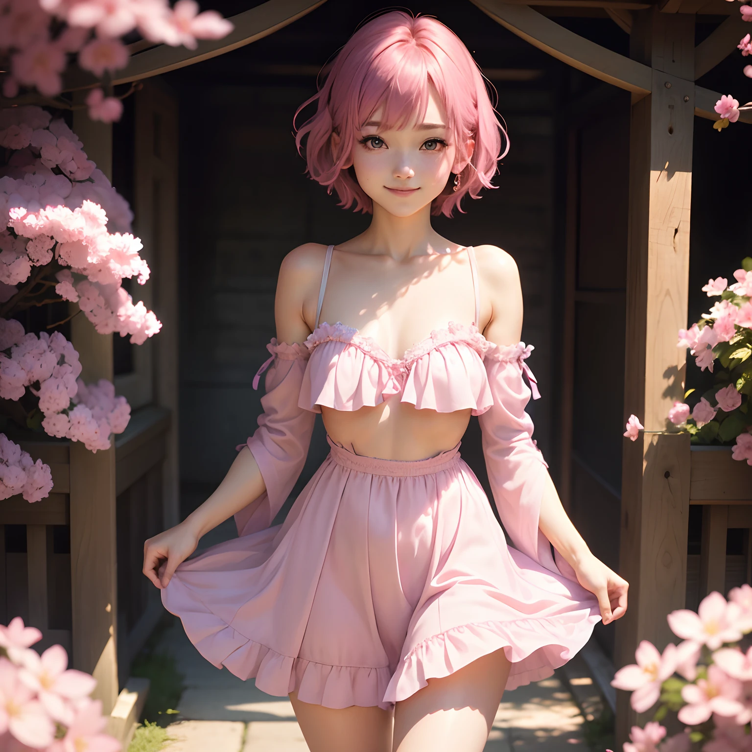 1girl in, Realistic, (Looking at Viewer:1), (ulzzang-6500:0.66), Thin thighs, Bare legs, Skinny Legs,Dappled sunlight, Best Quality, 超A high resolution, (Photorealistic:1.4), Yaemiko, Short hair, Pink hair,  Yae_Sakura, Jewelry, cherryblossom, (Smile:1), Bare_shoulders, hair_ornament detached, Purple_Eyes,  , Detached_sleeves, , Detailed eyes,, (lightsmile:1), , (Small breasts:1.4), , (bare upper body:1.4), , (puffy niples:1),, arms behind back,