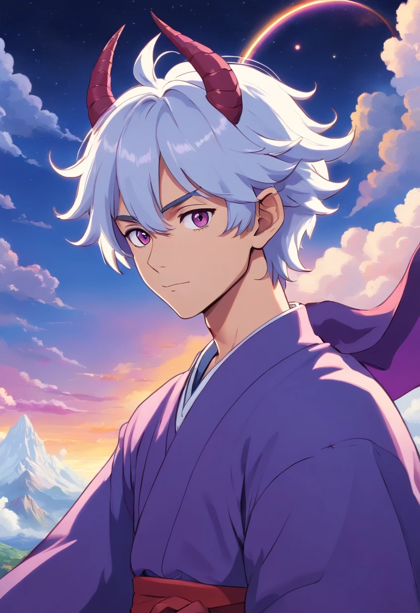 there is a drawing of a male tiefling with a white hair, dnd portrait of a tiefling, purple tiefling, purple skin, as a dnd character, cosmic tiefling d&d, caleb from critical role, d&d character commission, handsome tiefling, portrait of a dnd character, colored lineart, dnd character, sky background with clouds detailed high quality masterpiece