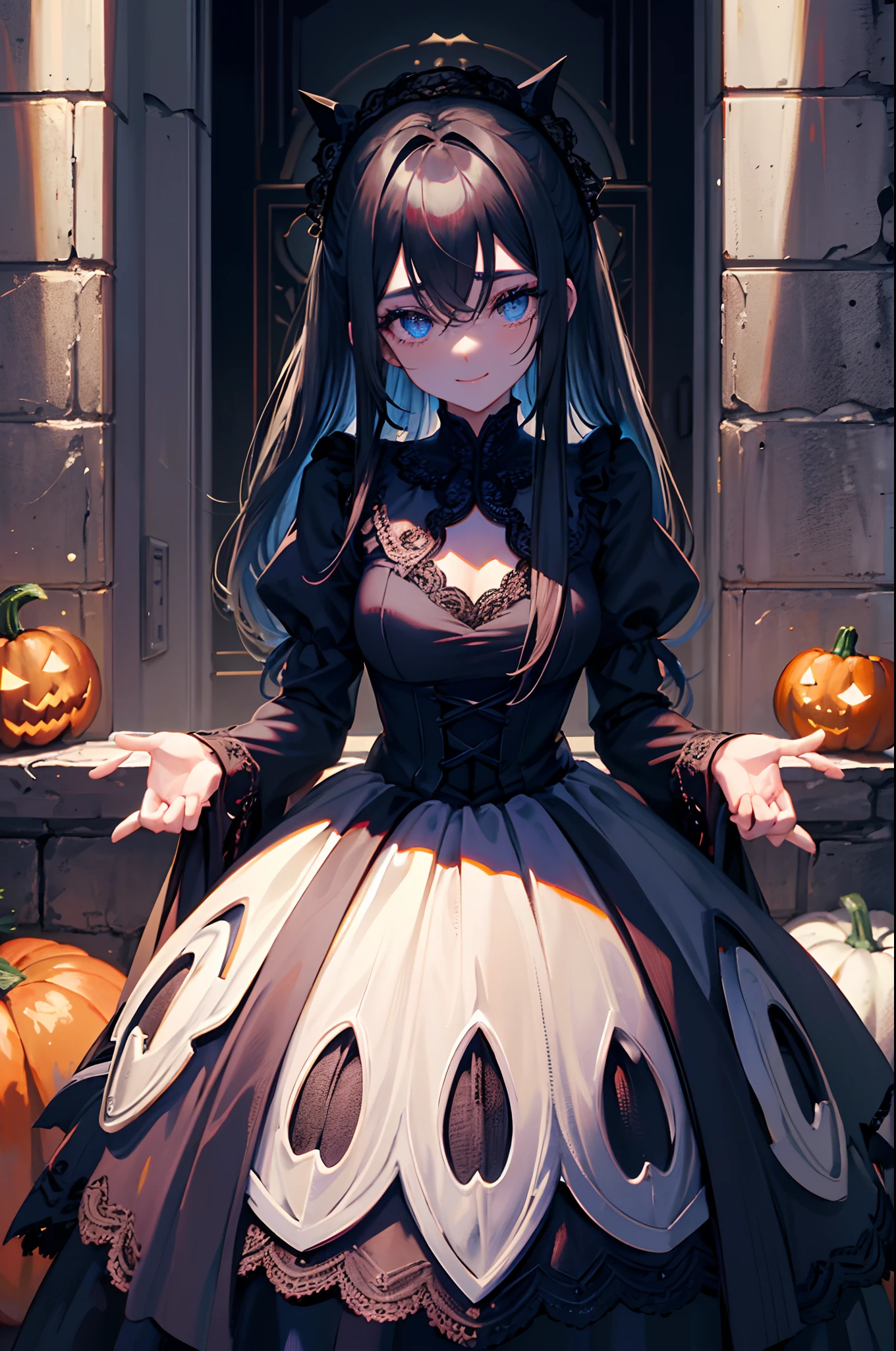 s girl cabelos preto e longos A dark-haired poneyTail blue eyess lace dresses Halloween Eat pumpkin cake at the castle Pop atmosphere A smile masterpiece Top image quality Clear cinematic shadow Increased attractiveness of the eyes Clear the shine of the eyes Draw eyelashes neatly Perfect Eye A detailed eye Sharpen image quality Sharpen eye writing Clear eye shape