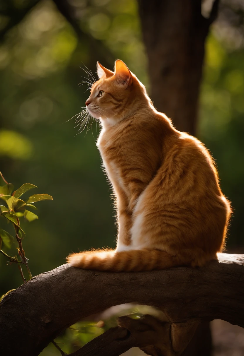 Imagine a medium-sized cat, com pelagem macia e sedosa, de cor laranja a avermelhada. His eyes are large and yellow, brilhando com curiosidade enquanto observam o ambiente ao redor. His pointed ears are facing forward, atentas a qualquer som. The cat is positioned delicately on top of a tall tree, equilibrando-se habilmente em um dos galhos mais finos, como se fosse um equilibrista. Their front paws are extended, enquanto as traseiras se flexionam levemente, ready for an agile leap.The tree is majestic, com folhas verdes vibrantes que se agitam suavemente ao vento. The branches extend in several directions, oferecendo ao gato um labirinto de possibilidades para explorar. The sun is setting on the horizon, dyeing the sky with warm shades of orange and pink, creating a serene and magical atmosphere. Some birds fly nearby, adding an element of life and movement to the scene.