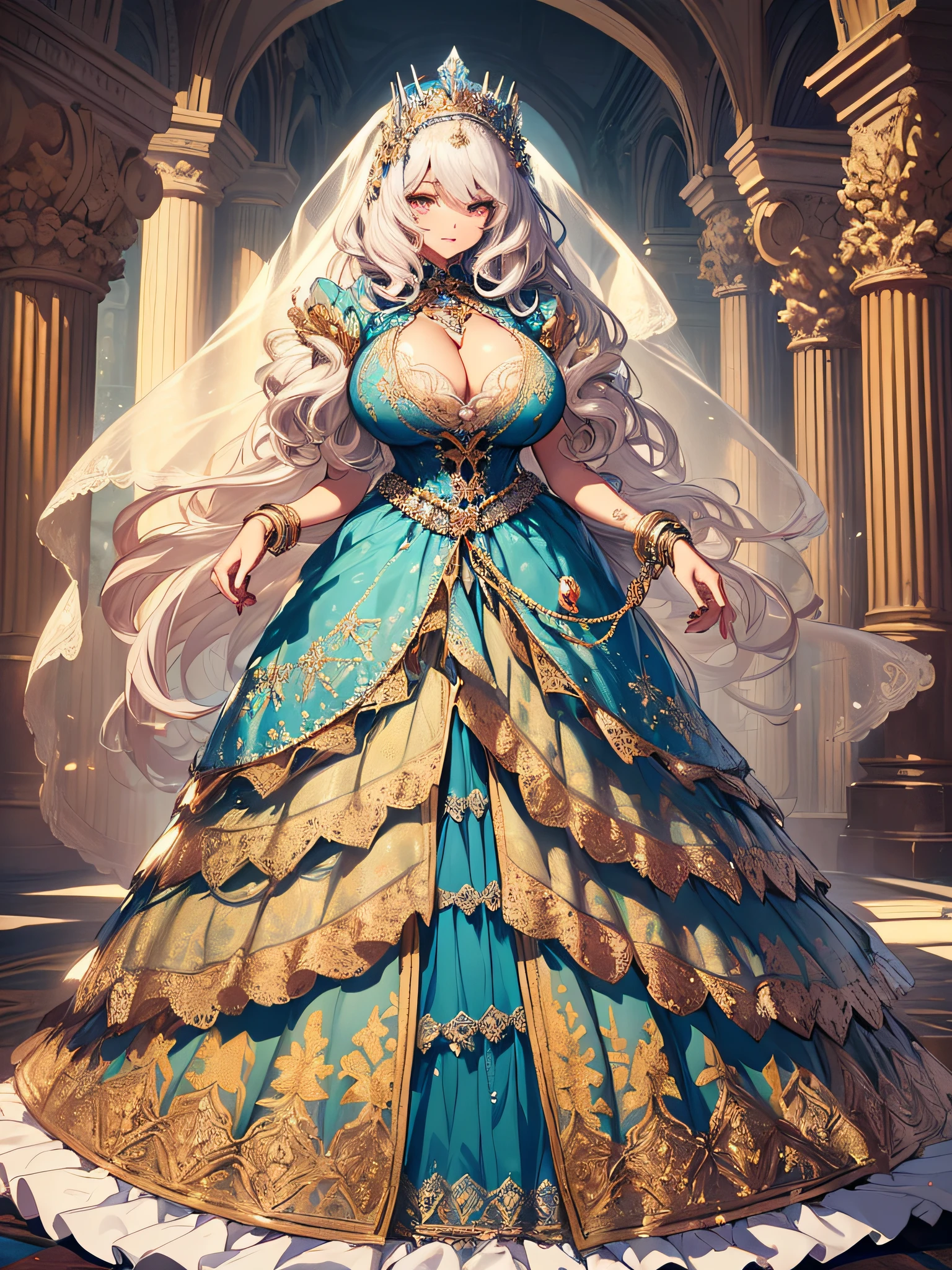 ((anime artstyle)),(Masterpiece),(Best Quality), (Super Detail),((Very Delicate and Beautiful)),cinematic lighting,1 lady,((full body portrait)),((standing in garden)),((solo)),(((1 princess in beautiful embroidery and jeweled extremely gorgeous princess rococo ballgown with voluminous full length hoop skirt))),((crinoline)),long train,((beautiful embroidery and jeweled)),voluminous frills,See-through,(gorgeous embroidery and beautiful lace),(((extremely gigantic tits,skindentation))),cleavage,((large amount of straight hair,extremely voluminous Hair,Very Long Straight Hair)),(finely detailed face and eyes),clear pupil,extremely gorgeousfull hair ornament,(bling-bling jeweled extremely gorgeousfull tiara),(bling-bling gorgeous gemstone jewelry),long veil,(beautiful background),(full body),((beautiful embroidery and jeweled extremely gorgeous princess rococo ballgown with voluminous full length hoop skirt))