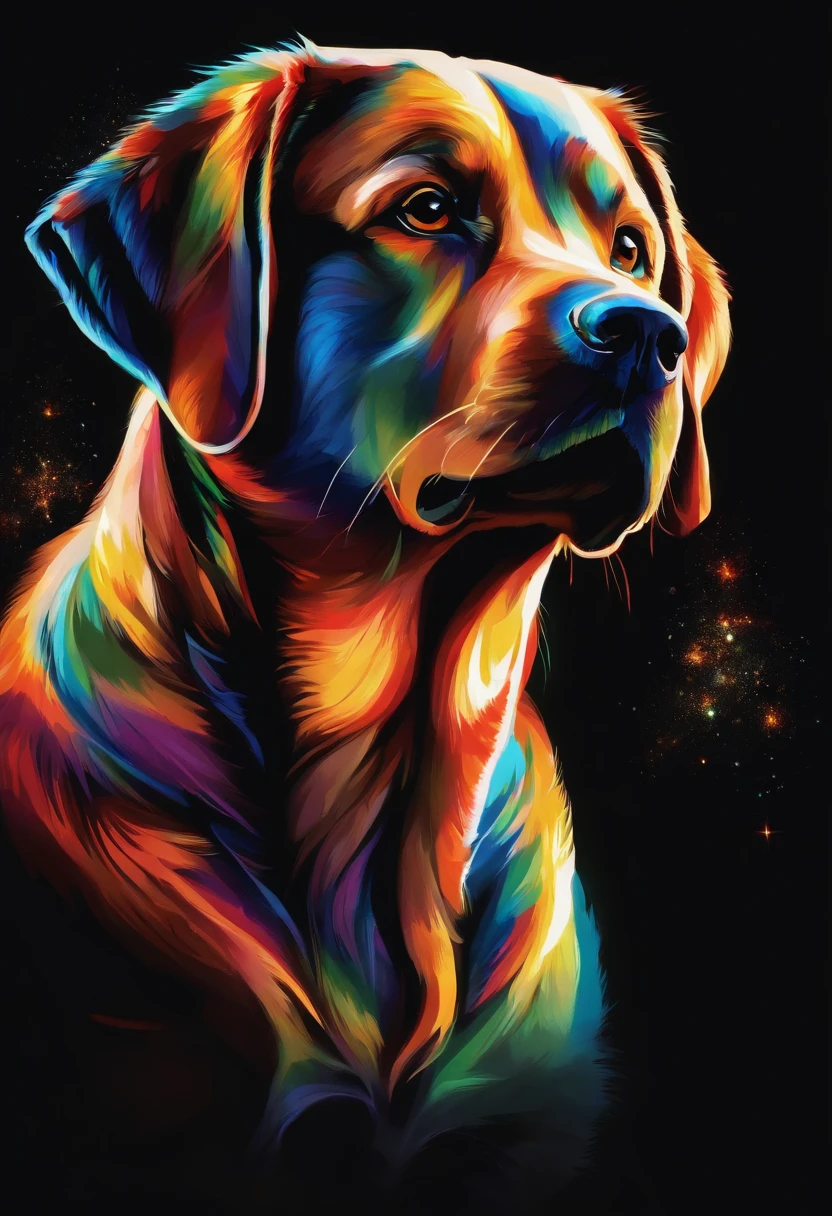 A painting of a colorful Labrador dog on a black background,, Breathtaking rendering, inside a radiant connection, inspirada em Kinuko Y. craft,, Magical Elements, kitten icon, UAU, it's beautiful, casting a colorful multi spell, bright flash, glare