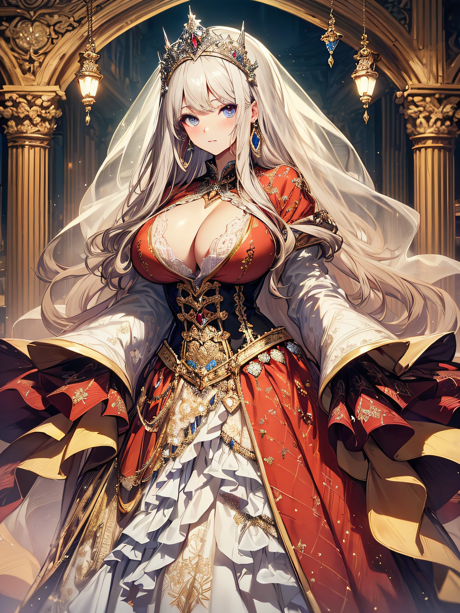((anime artstyle)),(Masterpiece),(Best Quality), (Super Detail),((Very Delicate and Beautiful)),cinematic lighting,1 lady,((full body portrait)),((standing in garden)),((solo)),(((1 princess in beautiful embroidery and jeweled extremely gorgeous princess rococo ballgown with voluminous full length hoop skirt))),((crinoline)),long train,((beautiful embroidery and jeweled)),voluminous frills,See-through,(gorgeous embroidery and beautiful lace),(((extremely gigantic tits,skindentation))),cleavage,((large amount of straight hair,extremely voluminous Hair,Very Long Straight Hair)),(finely detailed face and eyes),clear pupil,extremely gorgeousfull hair ornament,(bling-bling jeweled extremely gorgeousfull tiara),(bling-bling gorgeous gemstone jewelry),long veil,(beautiful background),(full body),((beautiful embroidery and jeweled extremely gorgeous princess rococo ballgown with voluminous full length hoop skirt))