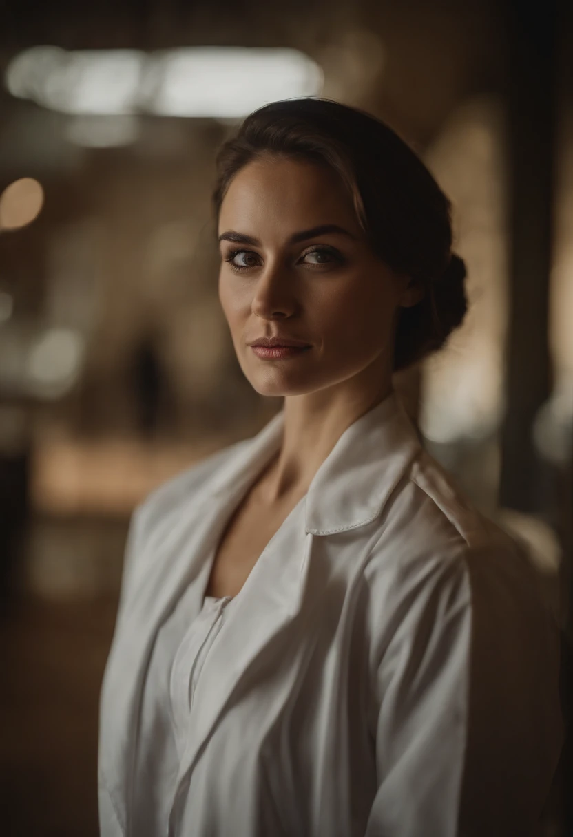 A beautiful 30-year-old girl wearing a white doctor's coat, with brown bob hair and a beautiful face stands in front of a blurred background. The high-resolution image captures every detail of your costume, and cinematic lighting adds depth and drama to the scene.