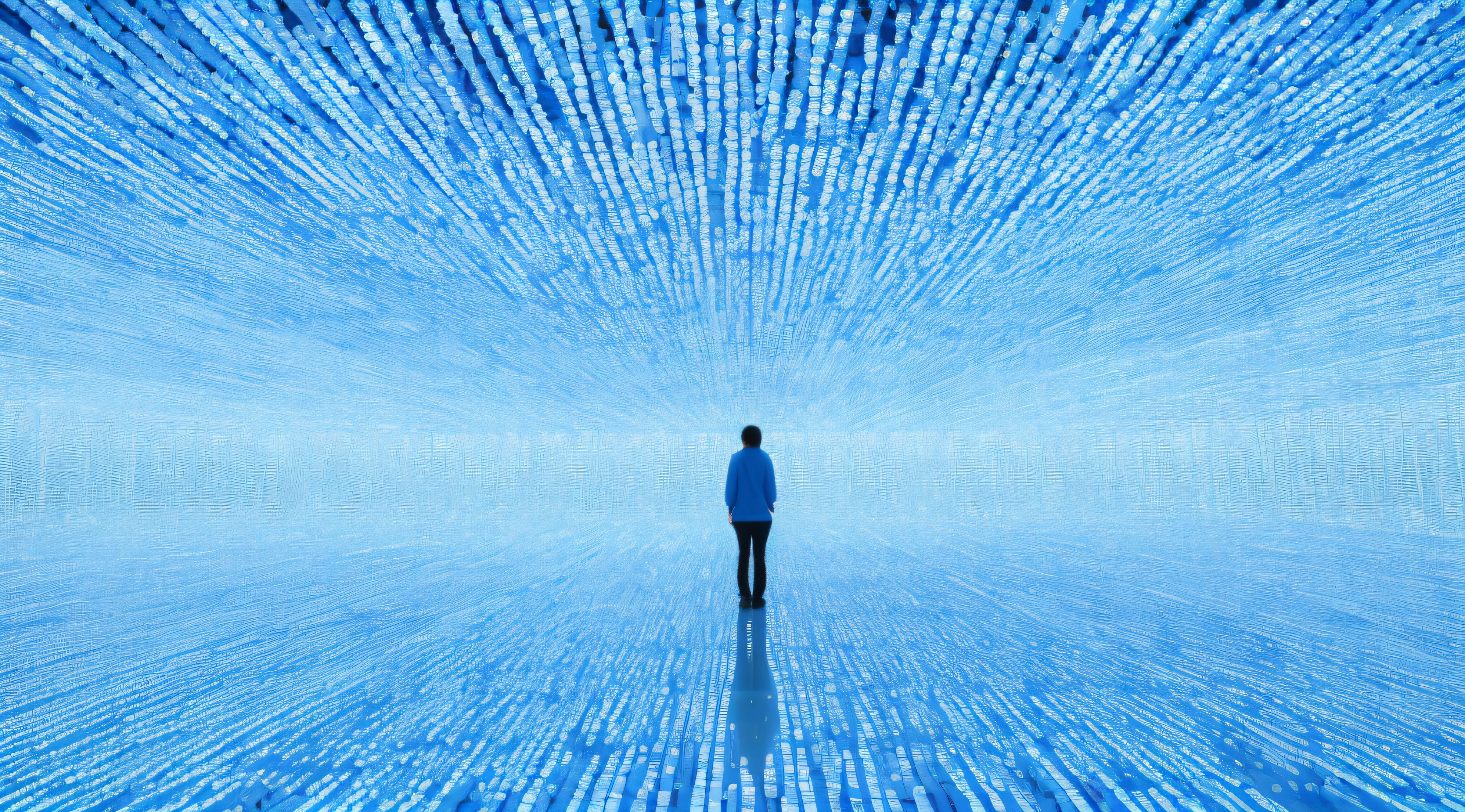 there is a man standing in a room with a blue sky, a crystalline room, teamlab, inspired by Ryoji Ikeda, infinity mirror, interactive art, refik anadol, surreal cyberspace, ryoji, by Ryoji Ikeda, cyber installation, infinite mirrors, abstract art representing data, heaven, in the field of inner hyperspace