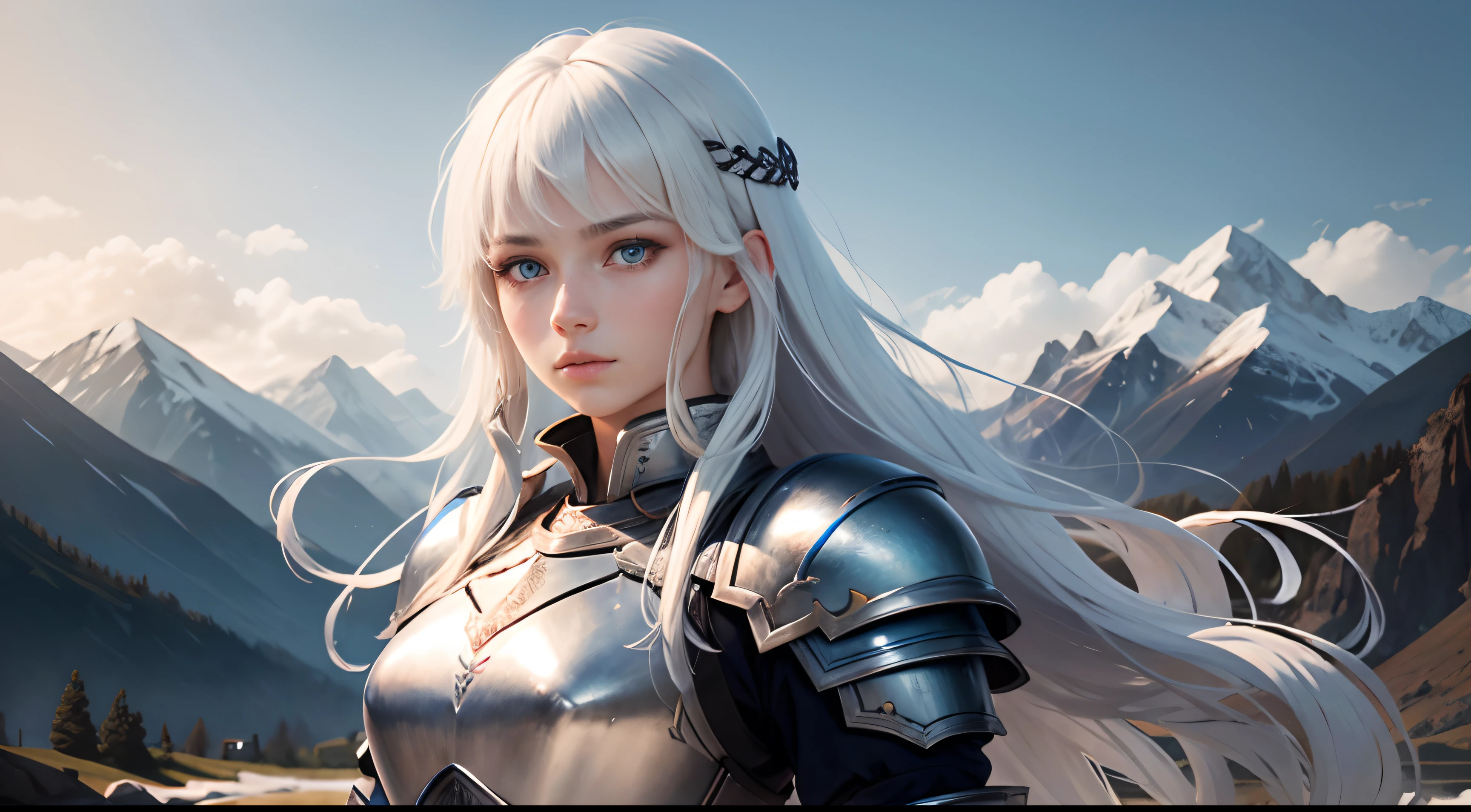 In the background are mountains, a beautiful girl name is Lisa, 18-year-old girl with blue eyes, long white hair, Dressed in blue armor, holding a long sword