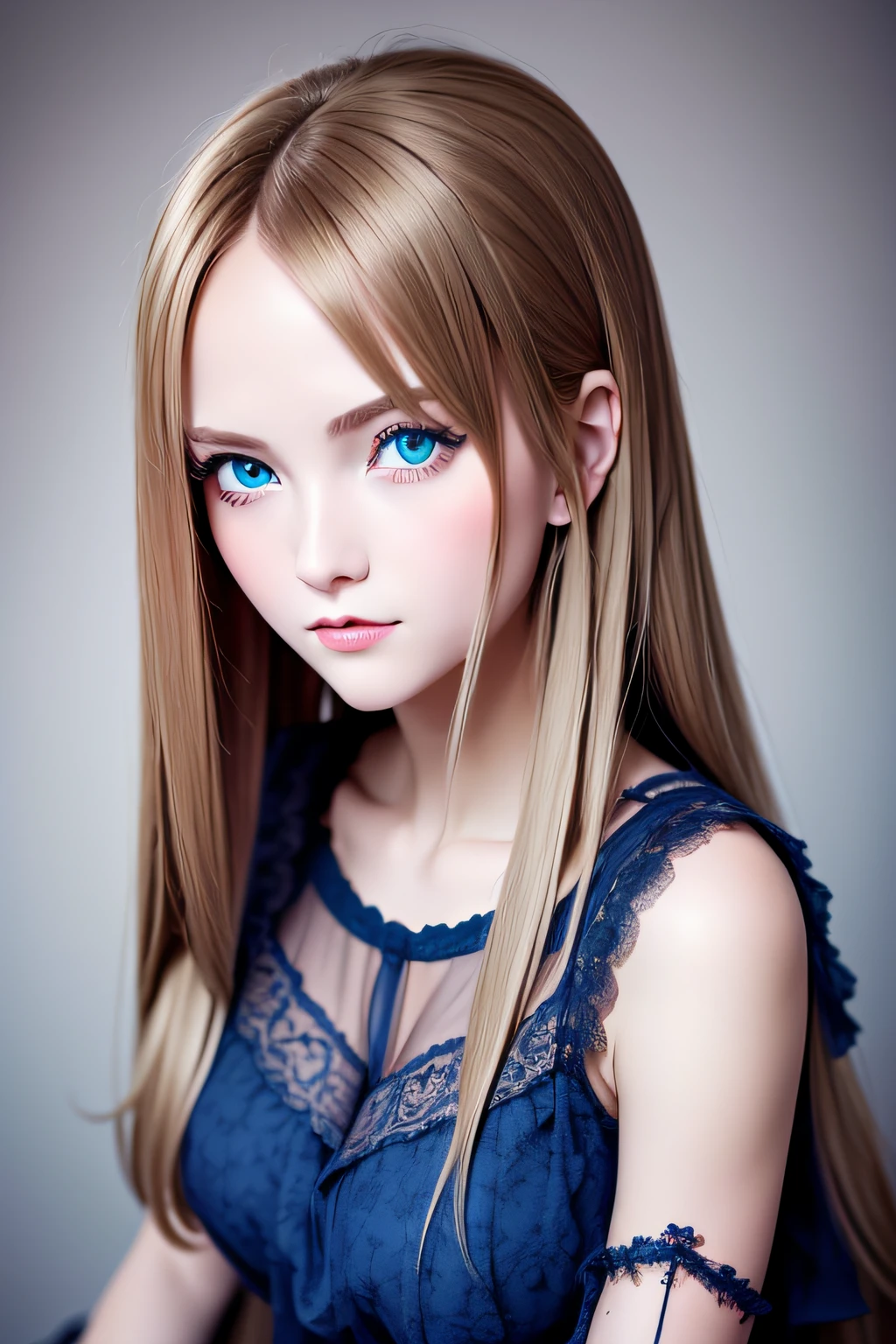 beautiful  European girl, brown hair, blue eyes, ((Melancholy Girl)), portrait of Princess Ruu, Telluric Sky, Robert Chang Style, Princess Mechanlolia, Princess Melancholy, Full Boy,