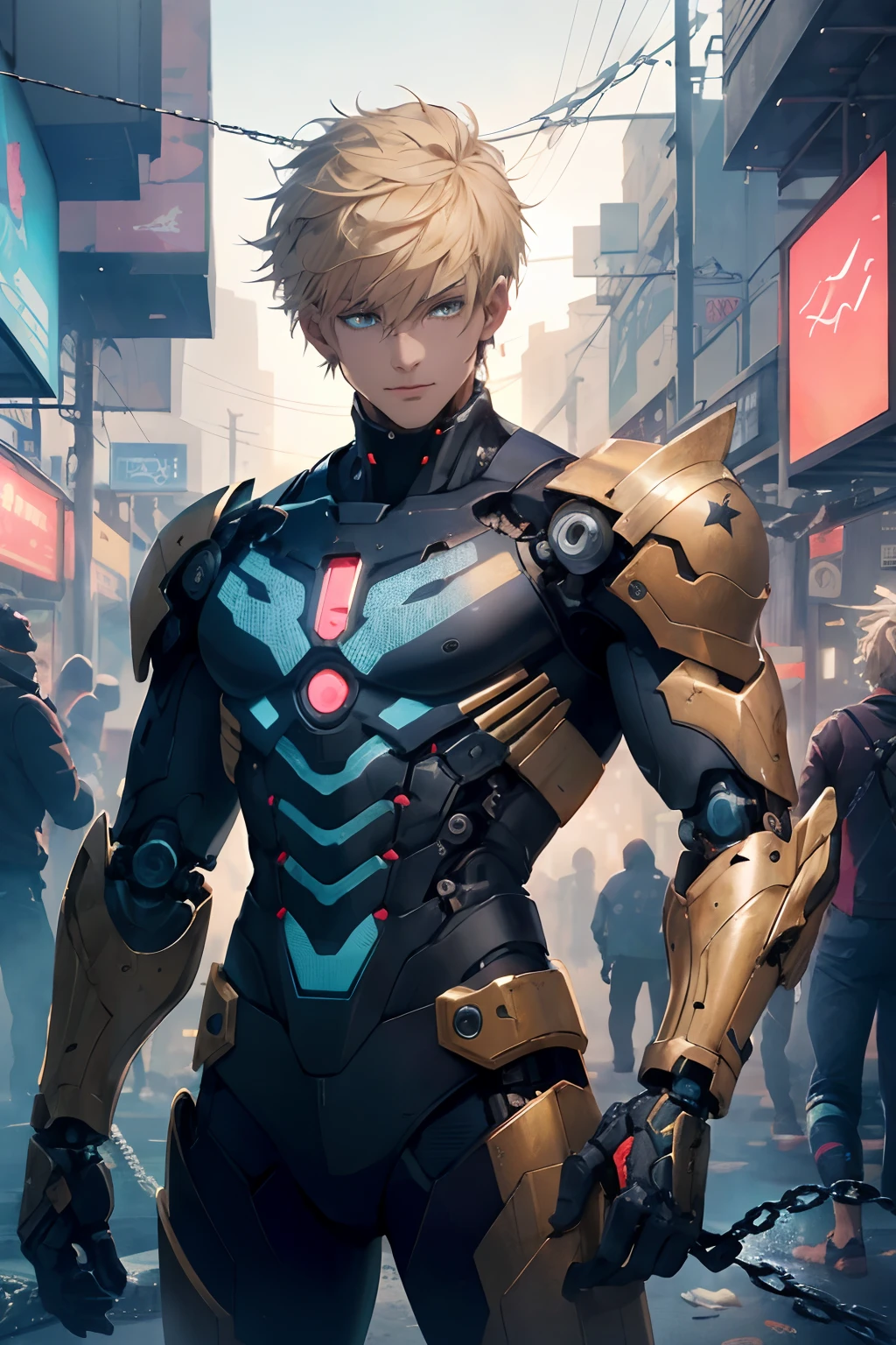 realisticlying,(masterpiece,top quality, Best Quality,official art,Beauty and aesthetics:1.2),abundantly detailed, fractal art,Colorful,Most detailed,zentangle,(Abstract background:1.5)(1boys:1.3),Golden hair,Short Hair,(Glowing blue eyes),chest muscle,Abs,mech, Handsome man,Cyberpunk,(chain saw,chain saw man,Red:1.1),1man,Mechanical marvel,Robotic presence,Cybernetic guardian, boy in cyber armor, cute cyborg boy, sci - fi character, retrofuturistic male android, (Mechanical parts: 1.5), anime mecha aesthetic, black and metalic gold armor cyborg, detailed key anime art,