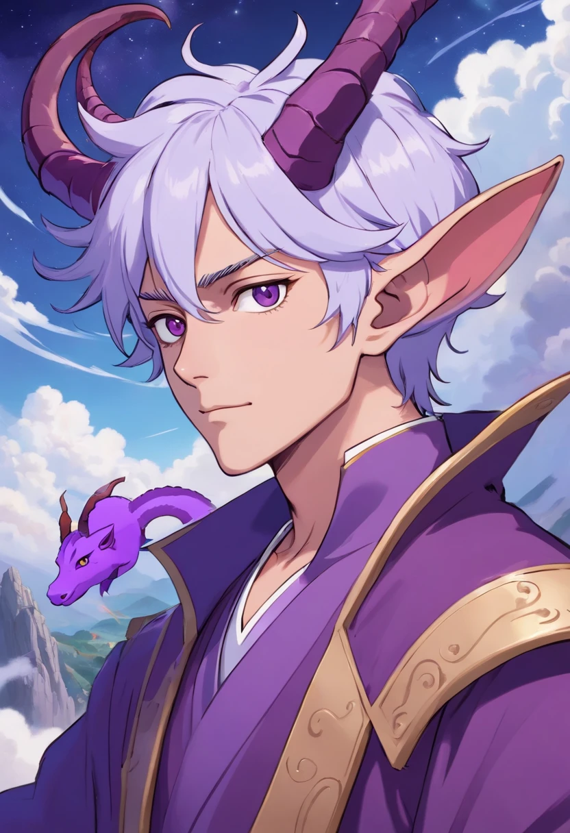 there is a drawing of a male tiefling with a white hair, dnd portrait of a tiefling, purple tiefling, purple skin, as a dnd character, cosmic tiefling d&d, caleb from critical role, d&d character commission, handsome tiefling, portrait of a dnd character, colored lineart, dnd character, sky background with clouds detailed high quality masterpiece, his skin is purple, he has purple horns
