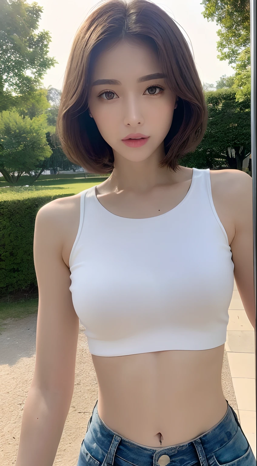 best image quality、Raw photo、Super high resolution、21-year-old Korean、small breasts、dynamic angle、cowboy shot、The most beautiful forms chaos、elegant、Brutal design、Bright colors、short bob、smile、glossy white skin、ランダムな色Beautiful eyes、Very thin lips in every detail,Beautiful eyes、elongated eyes、light pink blush、long eyelashes beautiful double eyelids、Gray hair on the right side of eyeshadow、garden、black cropped top、baggy pants、Self snap、sexy pose、walk