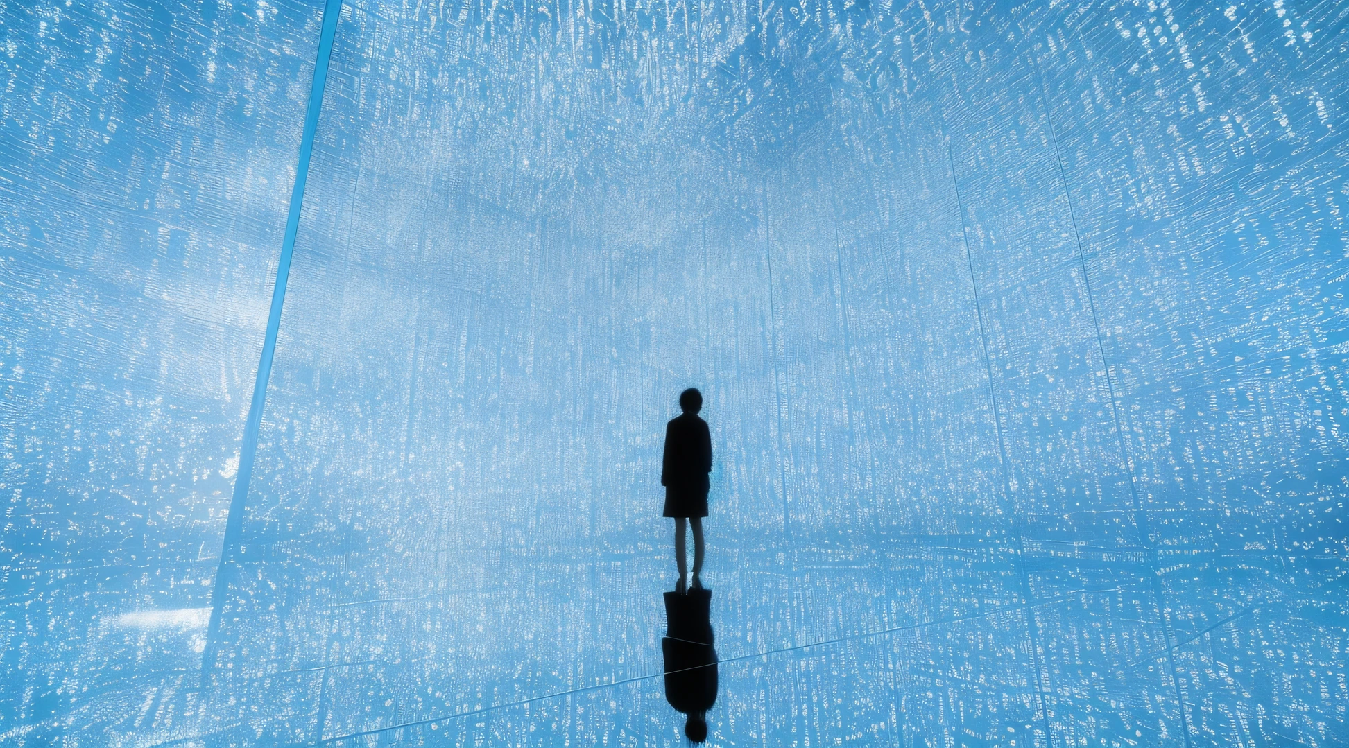 there is a man standing in a room with a blue sky, a crystalline room, teamlab, inspired by Ryoji Ikeda, infinity mirror, interactive art, refik anadol, surreal cyberspace, ryoji, by Ryoji Ikeda, cyber installation, infinite mirrors, abstract art representing data, heaven, in the field of inner hyperspace