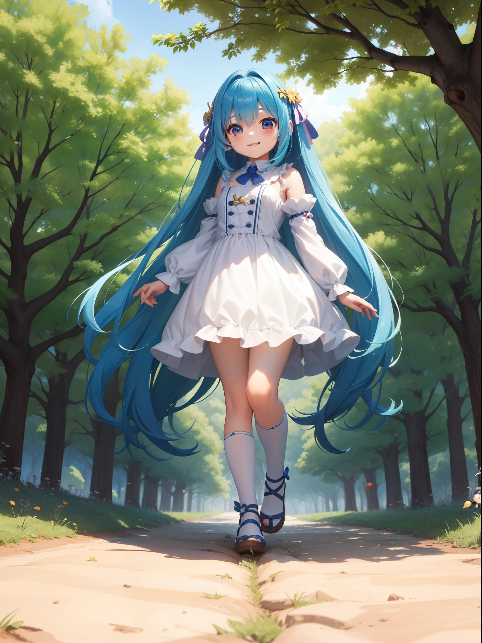 Character Picking chestnuts in a chestnut grove long hair with blue hair((Chibi Chara))、A charming smile、Fluffy、girl with、Chibi Chara、Friends of the Forest、full body Esbian、Pastel colors hair、masutepiece、top-quality、