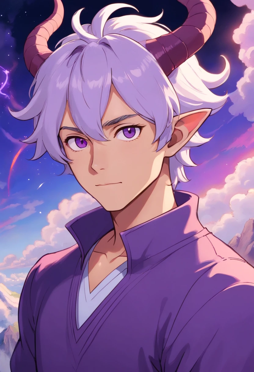 there is a drawing of a male tiefling with a white hair, dnd portrait of a tiefling, purple tiefling, purple skin, as a dnd character, cosmic tiefling d&d, caleb from critical role, d&d character commission, handsome tiefling, portrait of a dnd character, colored lineart, dnd character, sky background with clouds detailed high quality masterpiece, his skin is purple, he has purple horns. Wearing a brown sweater