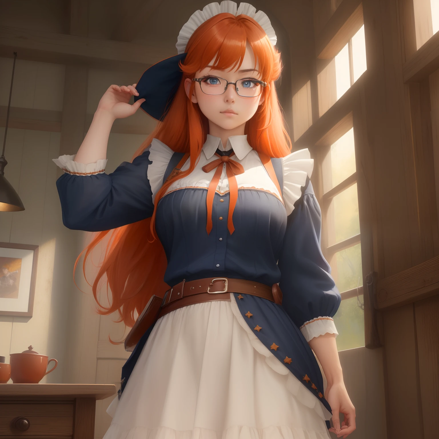 8k, masterpiece, best quality, realistic, higly detailed, cowboy shot, 1girl, solo, itsuki, serious looking girl, medium-length hair, expressive ahoge, reddish-orange hair, a pair of star-shaped hairpins near both of her eyes, dark blue eyes, average height, well-endowed figure, glasses, cute, maid