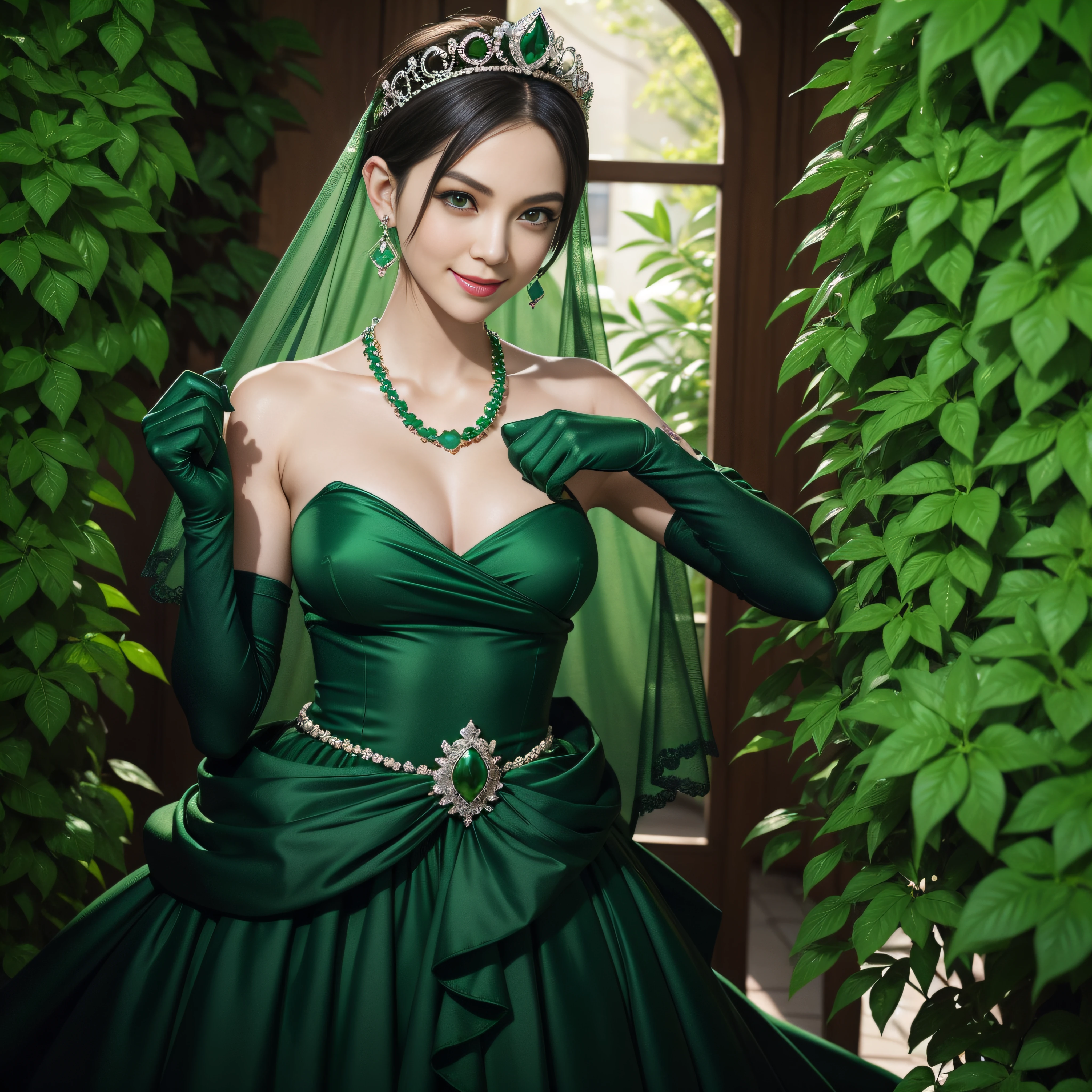 emerald tiara, Green Pearl Necklace, Boyish very short green hair, lipsticks, Japan woman smiling, very short short hair, fist, big breasts beautiful, Green eyes, Long green gloves made of satin material, Green eyes, Emerald Earrings, The tattoo