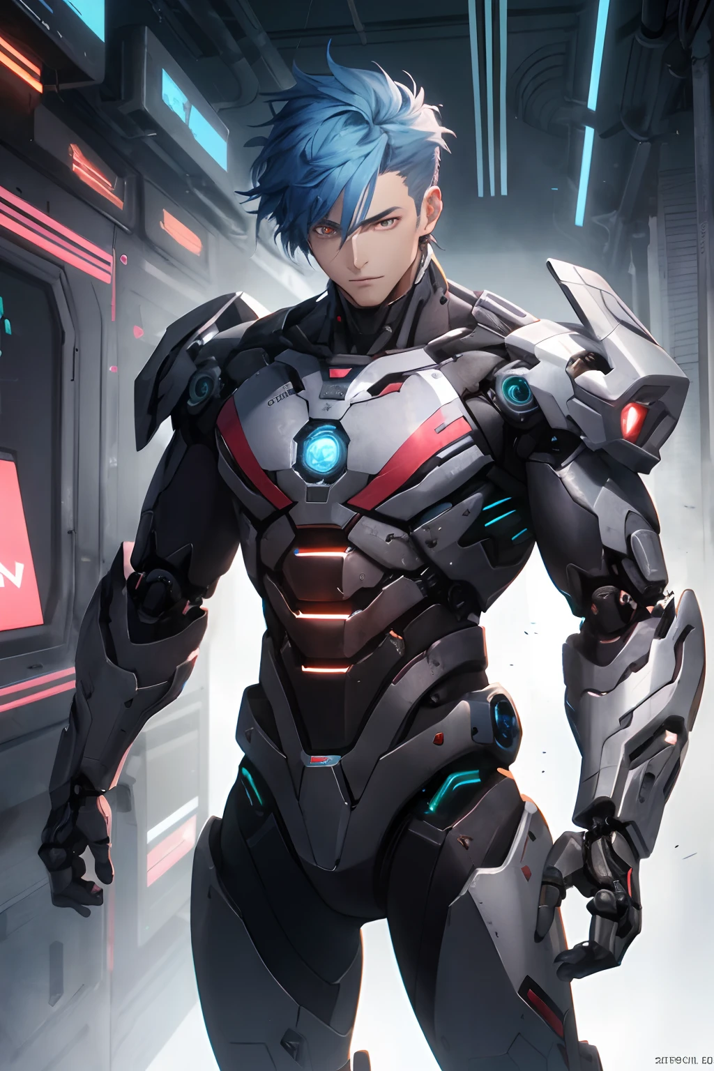 realisticlying，（masterpiece，top quality, Best Quality，official art，Beauty and aesthetics：1.2），abundantly detailed, fractal art，Colorful，Most detailed，zentangle，（Abstract background：1.5）（1boys：1.3），blue hair，Short Hair，（Glowing purple eyes），chest muscle，Abs，mech, Handsome man,Cyberpunk,1man,Mechanical marvel,Robotic presence,Cybernetic guardian,  boy in cyber armor, cute cyborg boy, sci - fi character, retrofuturistic male android, (Mechanical parts: 1.5), anime mecha aesthetic, red and metallic red armor cyborg, black armor,detailed key anime art, very elaborate CG Unity 8K wallpaper, super high resolution, (photorealistic: 1.4), dynamic angle, dynamic pose, 8K, 16K, 32K