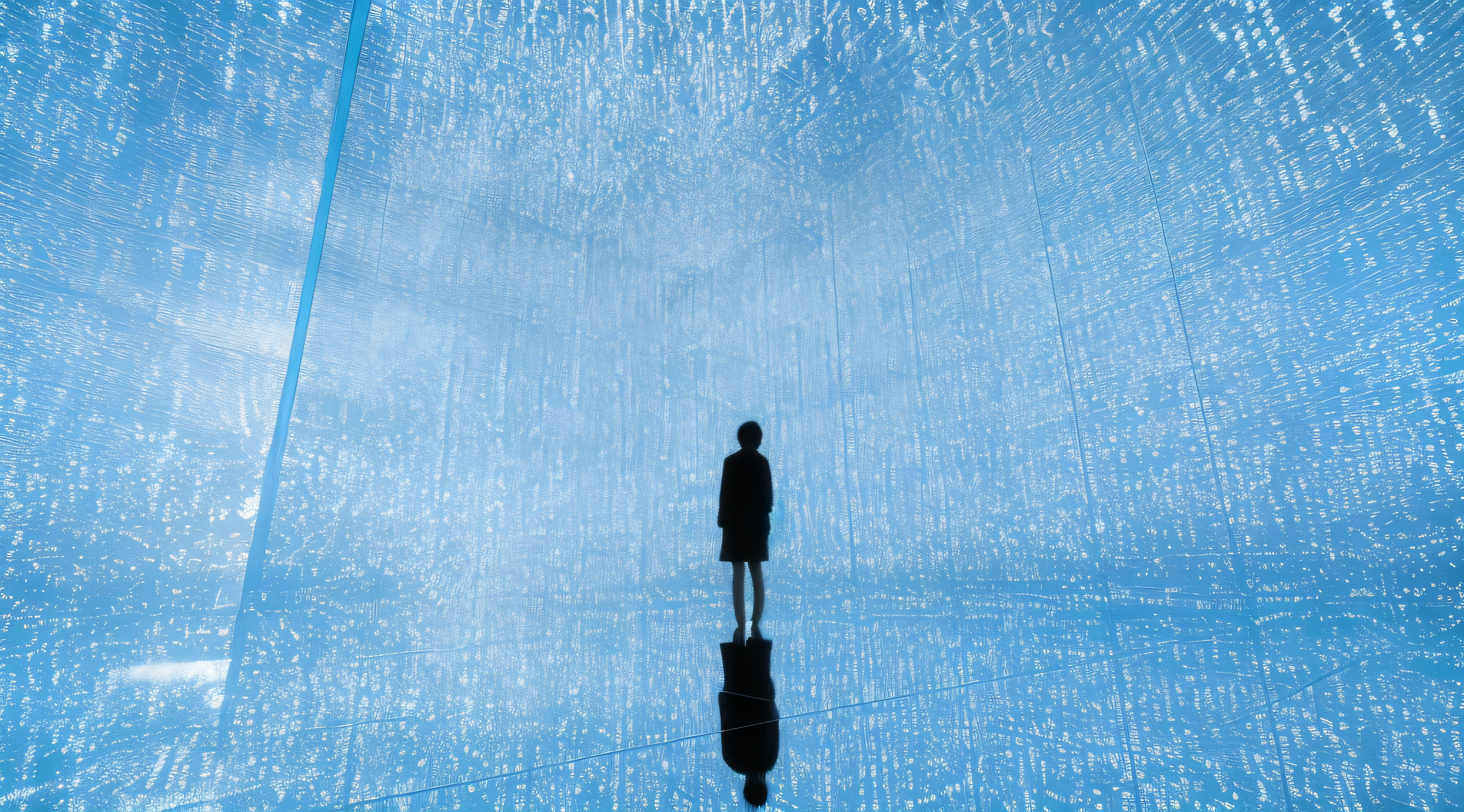 there is a man standing in a room with a blue sky, a crystalline room, teamlab, inspired by Ryoji Ikeda, infinity mirror, interactive art, refik anadol, surreal cyberspace, ryoji, by Ryoji Ikeda, cyber installation, infinite mirrors, abstract art representing data, heaven, in the field of inner hyperspace