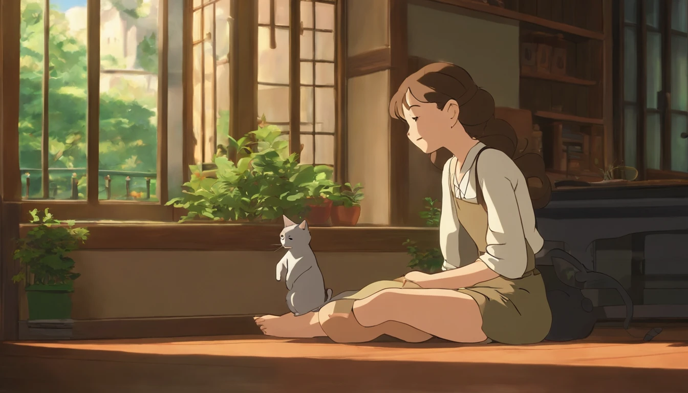 anime girl sitting on a window sill with a cat sleeping on the floor, screenshot from the anime film, ghibli studio anime style, lofi artstyle, lofi girl, style in ghibli anime style, lofi art, style in ghibli anime, studio ghibli anime screenshot, today's featured anime still, still from anime, ghibli artstyle, studio ghibli artstyle