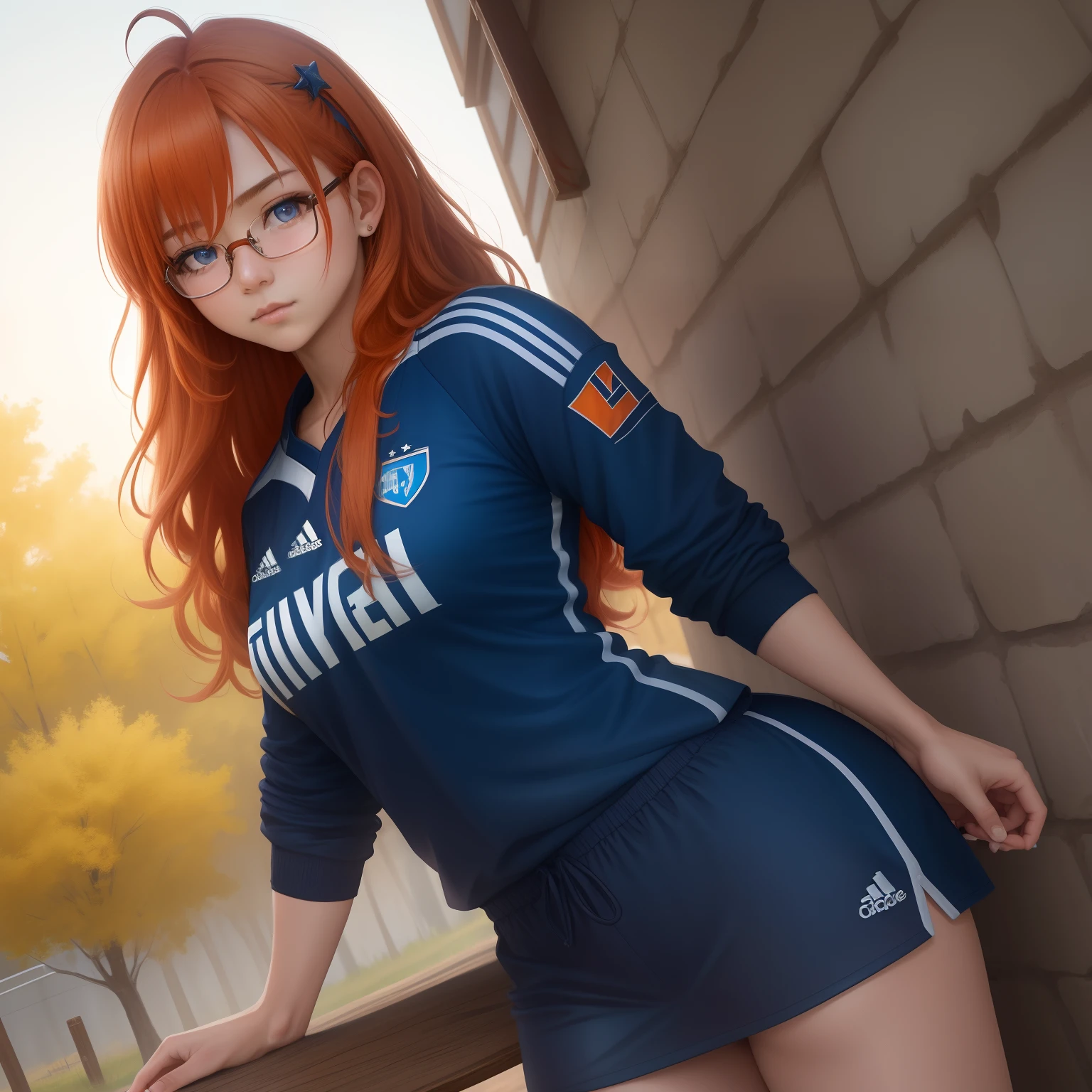 8k, masterpiece, best quality, realistic, higly detailed, cowboy shot, 1girl, solo, itsuki, serious looking girl, medium-length hair, expressive ahoge, reddish-orange hair, a pair of star-shaped hairpins near both of her eyes, dark blue eyes, average height, well-endowed figure, glasses, cute, soccer player
