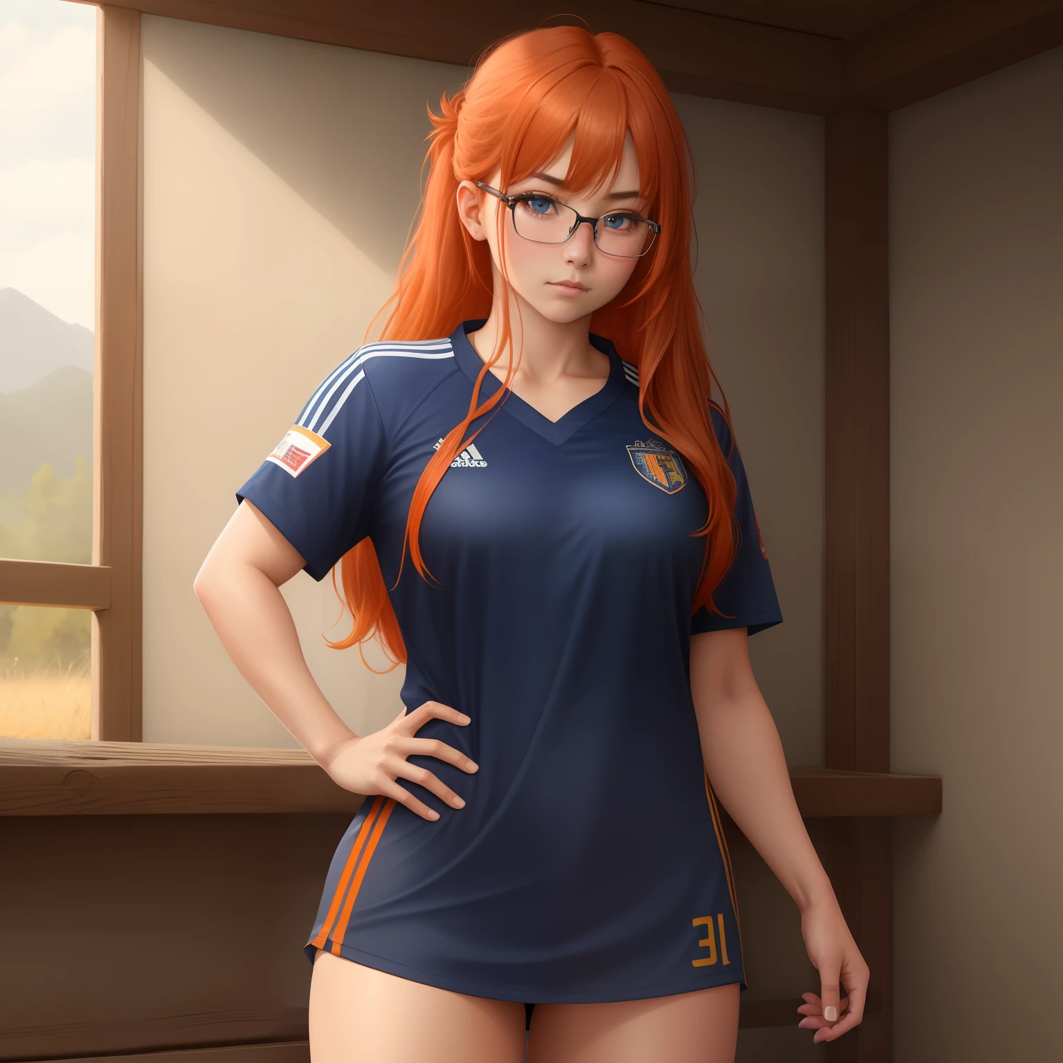 8k, masterpiece, best quality, realistic, higly detailed, cowboy shot, 1girl, solo, itsuki, serious looking girl, medium-length hair, expressive ahoge, reddish-orange hair, a pair of star-shaped hairpins near both of her eyes, dark blue eyes, average height, well-endowed figure, glasses, cute, soccer player