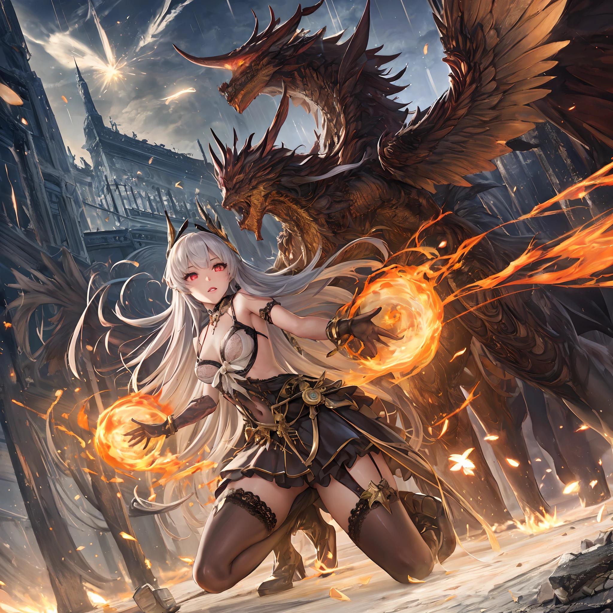 (masutepiece, Best Quality: 1.2), Girl with phoenix wings standing in a ring of fire, with glowing red eyes, phoenix, The lotus flowers, Red gold Pink, Sunrise girl from mountain on background, spreading her wings, wearing a coat of white feathers,,,,, Wings full of the back, Radiant Hello, long hair flowing, Mechanical wings dancing delicately at the waist, Medium Figure, Sunken navel, curtains of white feathers on the pelvis move slightly,,,,, Mini wings scattered on the body, multiple wings with a yellow sheen,,,, Soft yellow fire between the wings.((16 K,Ultra Definition、The highest masterpiece,Best Quality)), maxiskit, dress conservatively 1 girl, 独奏, Full body, wide shoot, Graceful standing, holding sword down, White hair, Long hair, valkyrie, armor, Angel, White bra, side bun, from the front side, extra size body, Night, mont, look at viewr((Super best quality)), ((A very masterpiece)), ((super detailing:1.4)), ((hyper realistic lifelike 3d)), Dragon Warrior Girl, Mechanical body, Dynamic action poses in battle scenes, Mechanical weapons of very complex and heavy fighters, Off-the-shoulder fashion that blends dense and complex steampunk with dense gothic ta, Complex steampunk headgear, very thin long legs, Mechanical boots above the knee, Fluttering lace flared mini skirt, beautiful small breasts directed upwards,Somewhat long, Vertical curly silver hair fluttering in the wind,Countless shining large spheres flying around,Many sparks cross and fly,Countless neon signs rained down from magic-evoking gestures,Steampunk Factory,Complex and precise mechanical ruins,Very dark night background,Very dramatic and cinematic lighting。best qualtiy,tmasterpiece,8K,s fractal art,one girls,Long grey hair,Long legs,blackstockings,Sex slaves,Kneeling Pose,