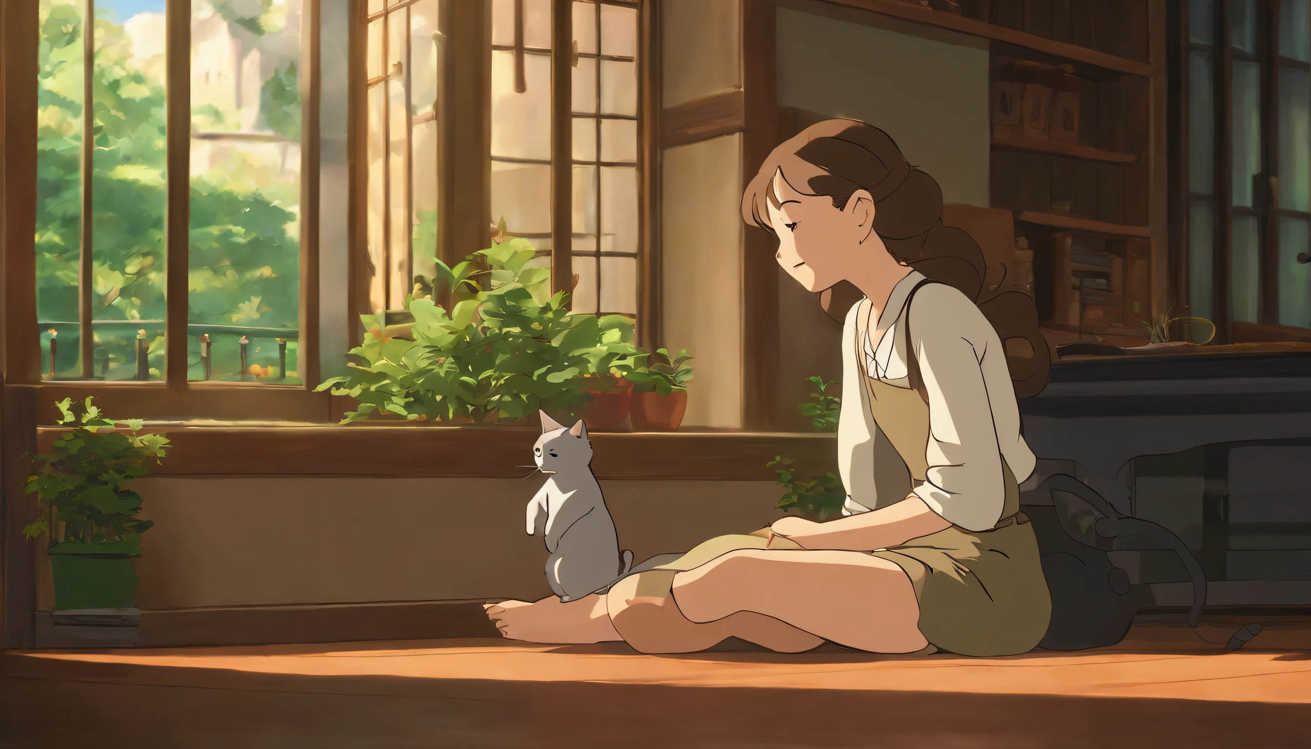 anime girl sitting on a window sill with a cat sleeping on the floor, screenshot from the anime film, ghibli studio anime style, lofi artstyle, lofi girl, style in ghibli anime style, lofi art, style in ghibli anime, studio ghibli anime screenshot, today's featured anime still, still from anime, ghibli artstyle, studio ghibli artstyle