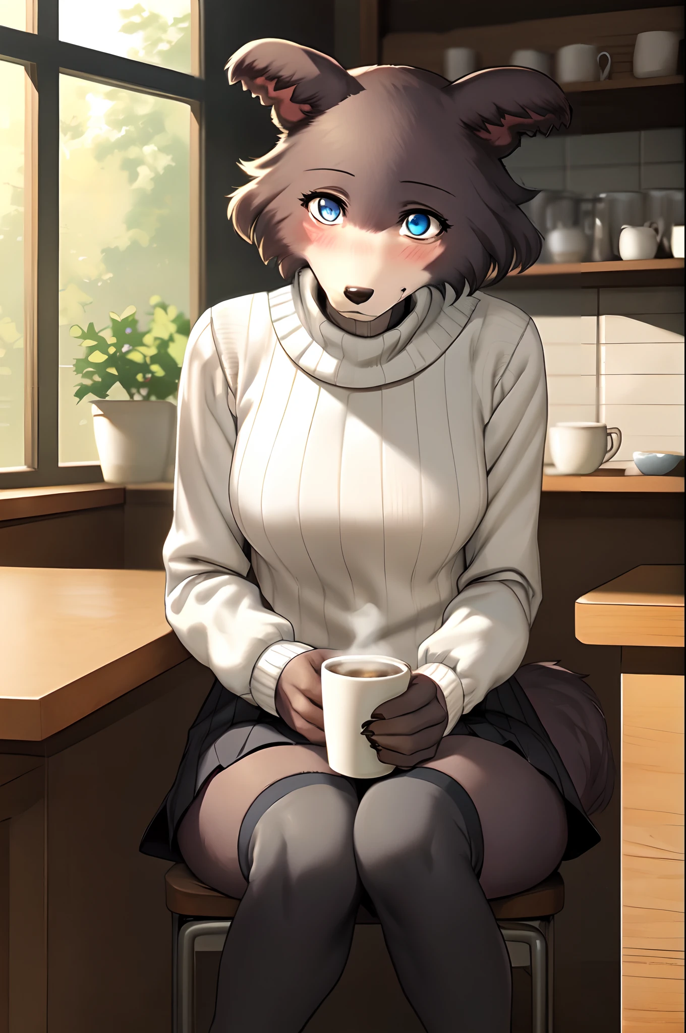 Juno, furry wolf girl, blue eyes, wearing white turtle neck sweater, short black skirt, black thigh high leggings, brown shoes, blushing, looking content, by gudlmok99, by sleepiness18, good anatomy, high quality, in a coffee shop, sitting, looking at viewer