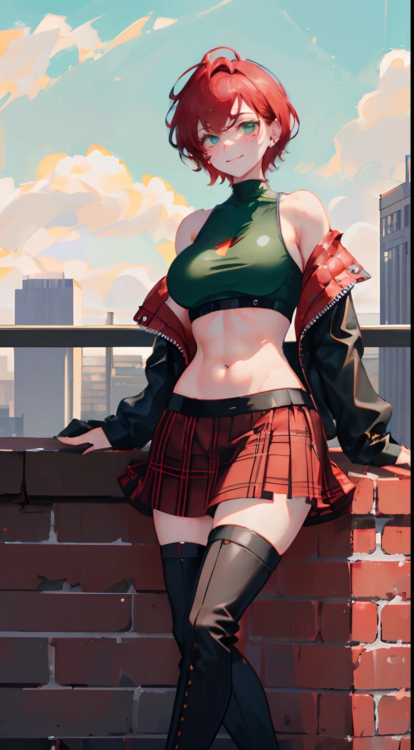 1girl, curly red pixie cut hair, green eyes, wearing crop top black shirt, red plaid skirt, (black knee high boots), black fingerless gloves, jacket, (exposed shoulders), thick thighs, large breasts, freckles, abs, absurdres, high res, ultrasharp, 8K, masterpiece, (full body), on rooftop overlooking city