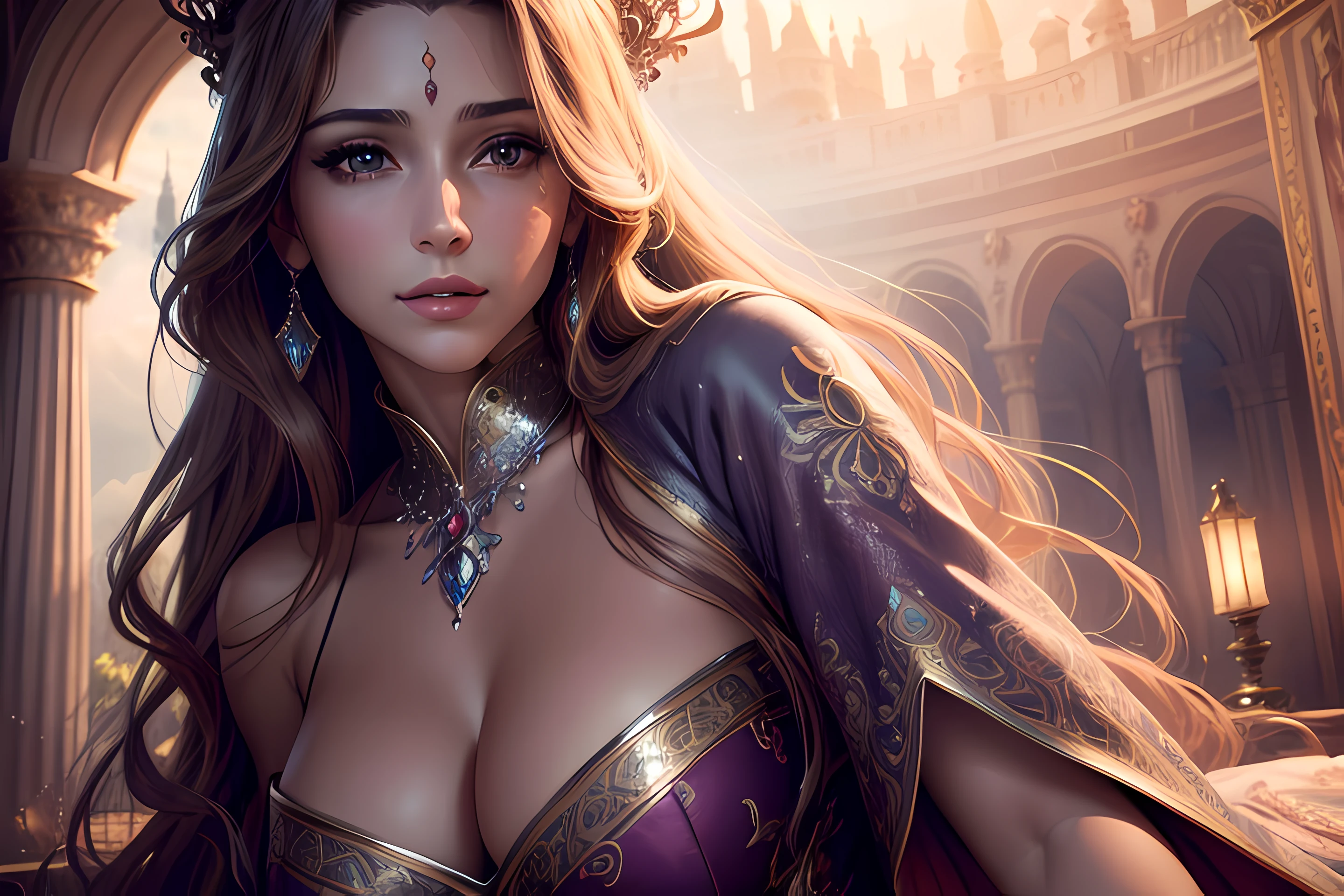 (highres, ultra-detailed, realistic:1.37), aerith, final fantasy, beautiful body, beautiful detailed eyes, detail-oriented nose, luscious lips, long flowing hair, radiant smile, elegant crown, royal attire, intricate jewelry, graceful pose, enchanting expression, majestic castle in the background, vibrant colors, soft lighting, regal atmosphere, atmospheric perspective, stunning landscape, floating clouds, magical aura, timeless beauty, intricate patterns, ethereal ambiance, striking contrast, dreamlike quality, cinematic composition