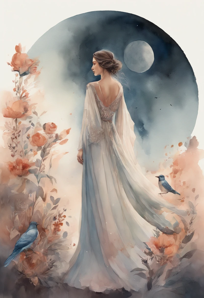 a woman in a long dress standing in front of a full moon with flowers and birds around her; fantasy art, cyberpunk art, amy sol, anime art