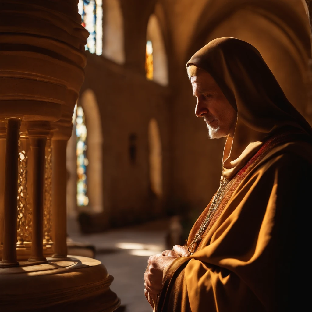(best quality,realistic:1.37),Roman Catholic monk,serene expression,vibrant colors,majestic lighting,sunlight streaming through stained glass windows,detailed robe and hood,devotional atmosphere,silent prayer,candlelit altar,vibrant colors of the religious icons,peaceful monastery garden,ancient architecture,solemn and contemplative demeanor,subtle texture of the stone walls,highly detailed hand gestures,soft rays of sunlight illuminating the chapel,rich and deep color palette,meticulous attention to facial features,tranquil backdrop of the monastery courtyard,exquisite details on religious artifacts and symbols,enclosed courtyard surrounded by tall stone walls,peace and serenity,harmony between light and shadow,architectural grandeur